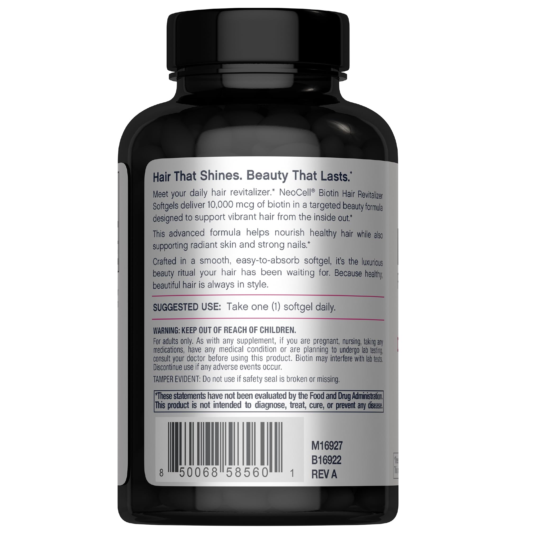 NeoCell Biotin Hair Revitalizer softgels side view with dosage information