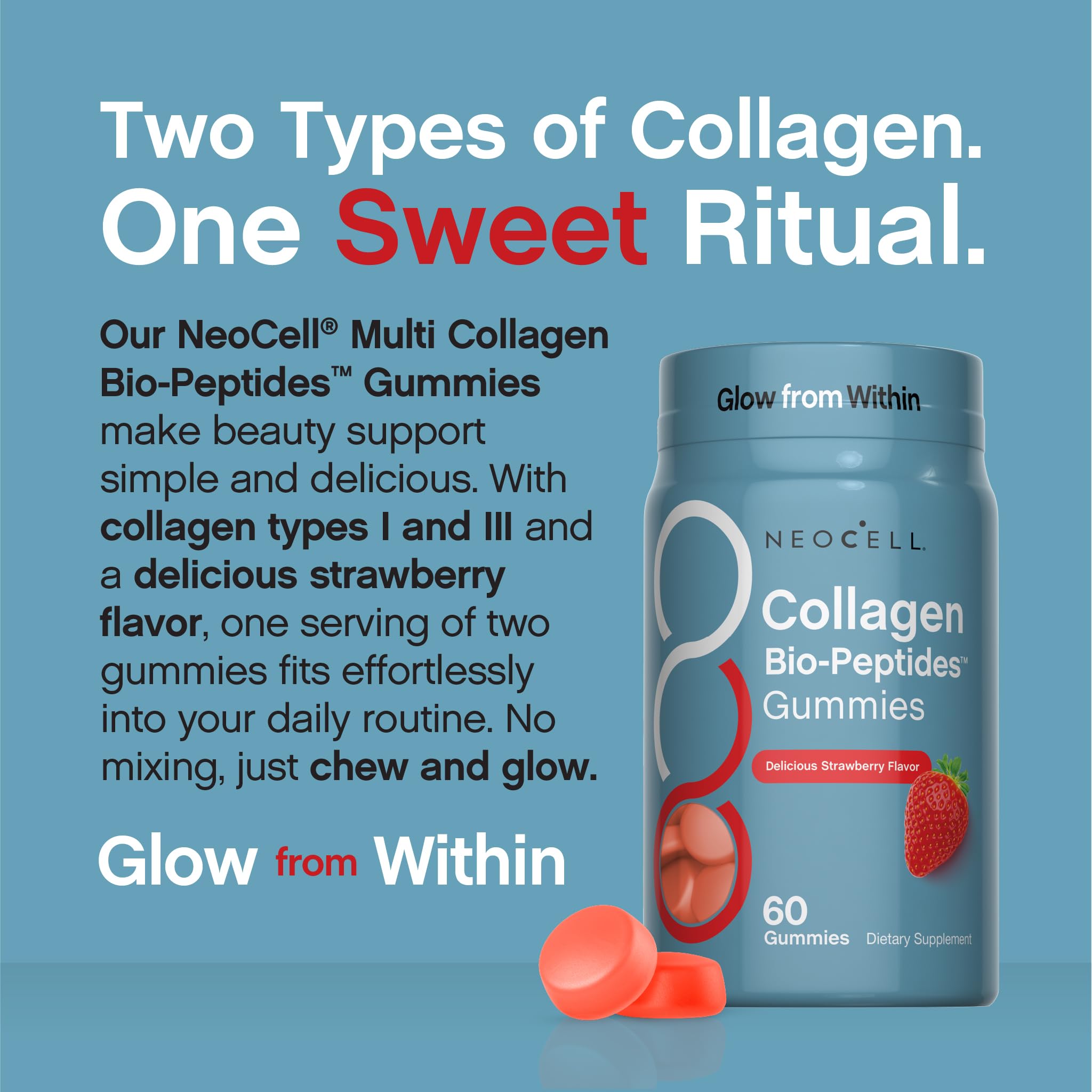NeoCell Collagen Bio-Peptides Gummies displayed with fresh strawberries