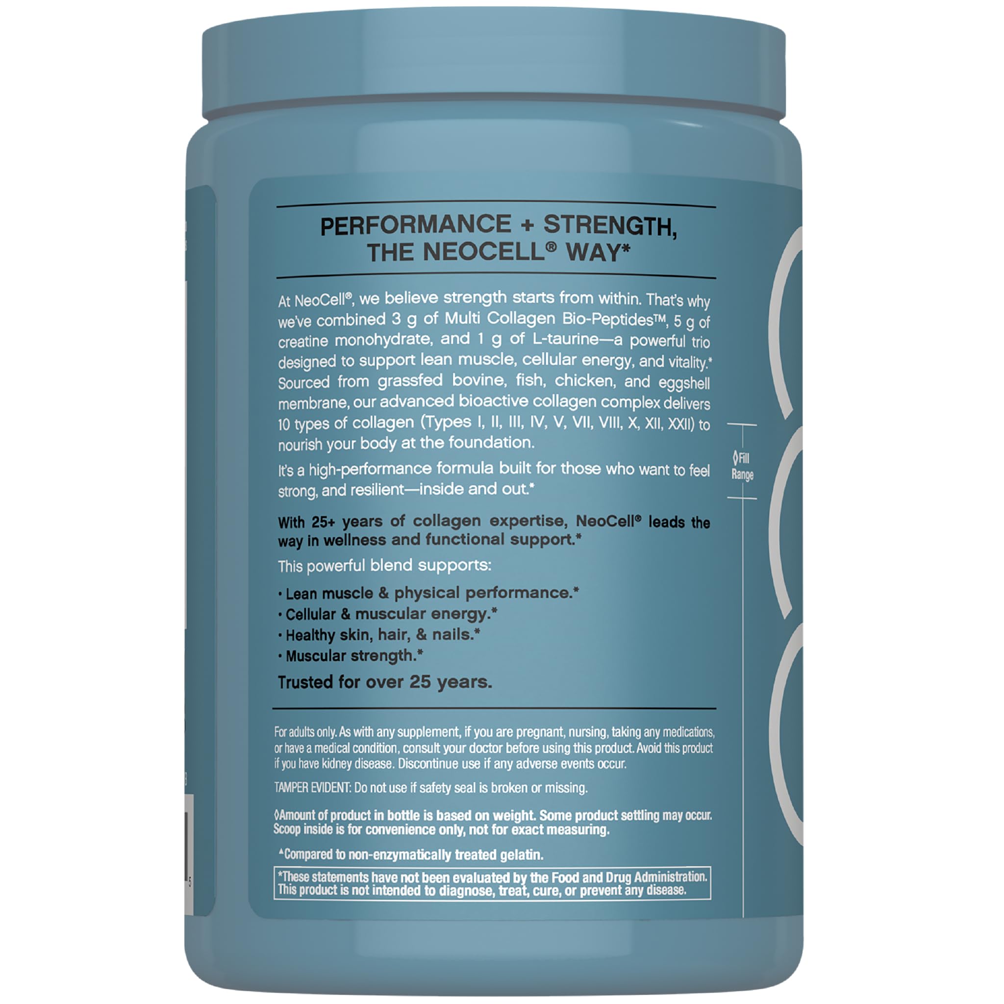 NeoCell Creatine + Multi Collagen Protein Powder scoop with powder