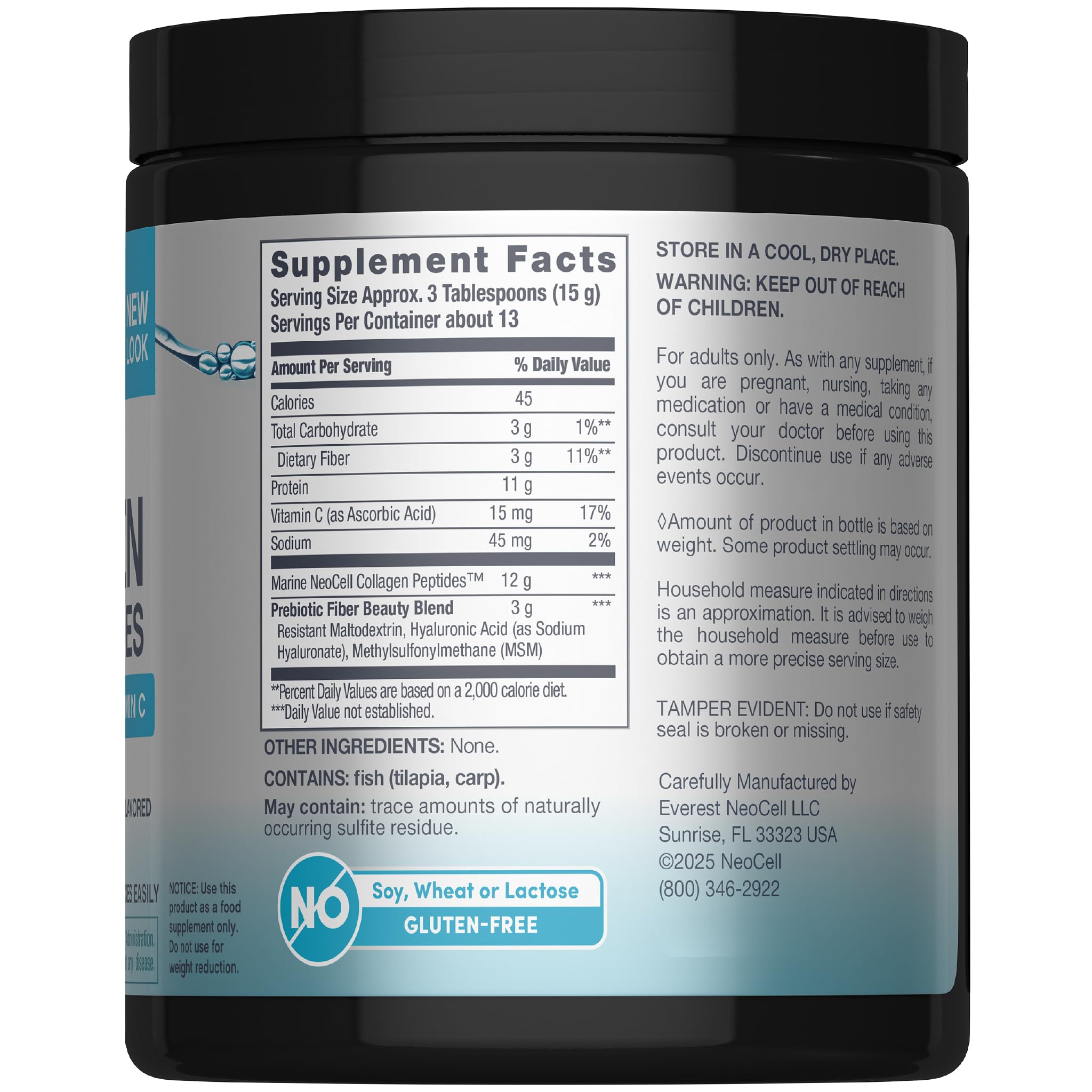 NeoCell Marine Collagen Powder 200g back view with nutritional information