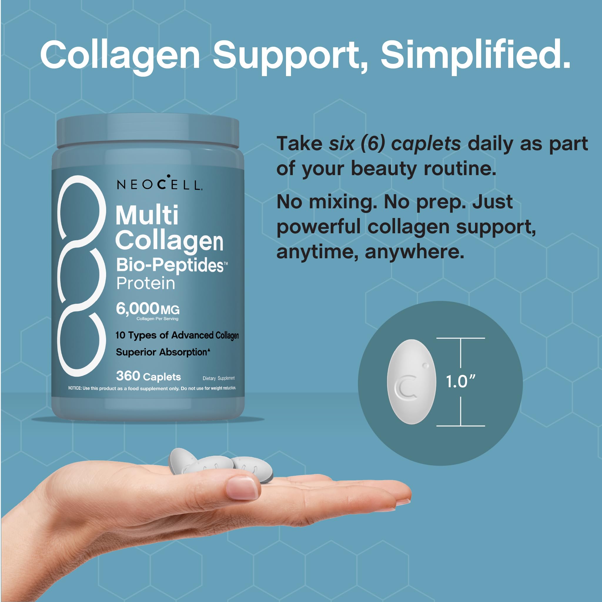 NeoCell Multi Collagen Bio-Peptides caplets in hand