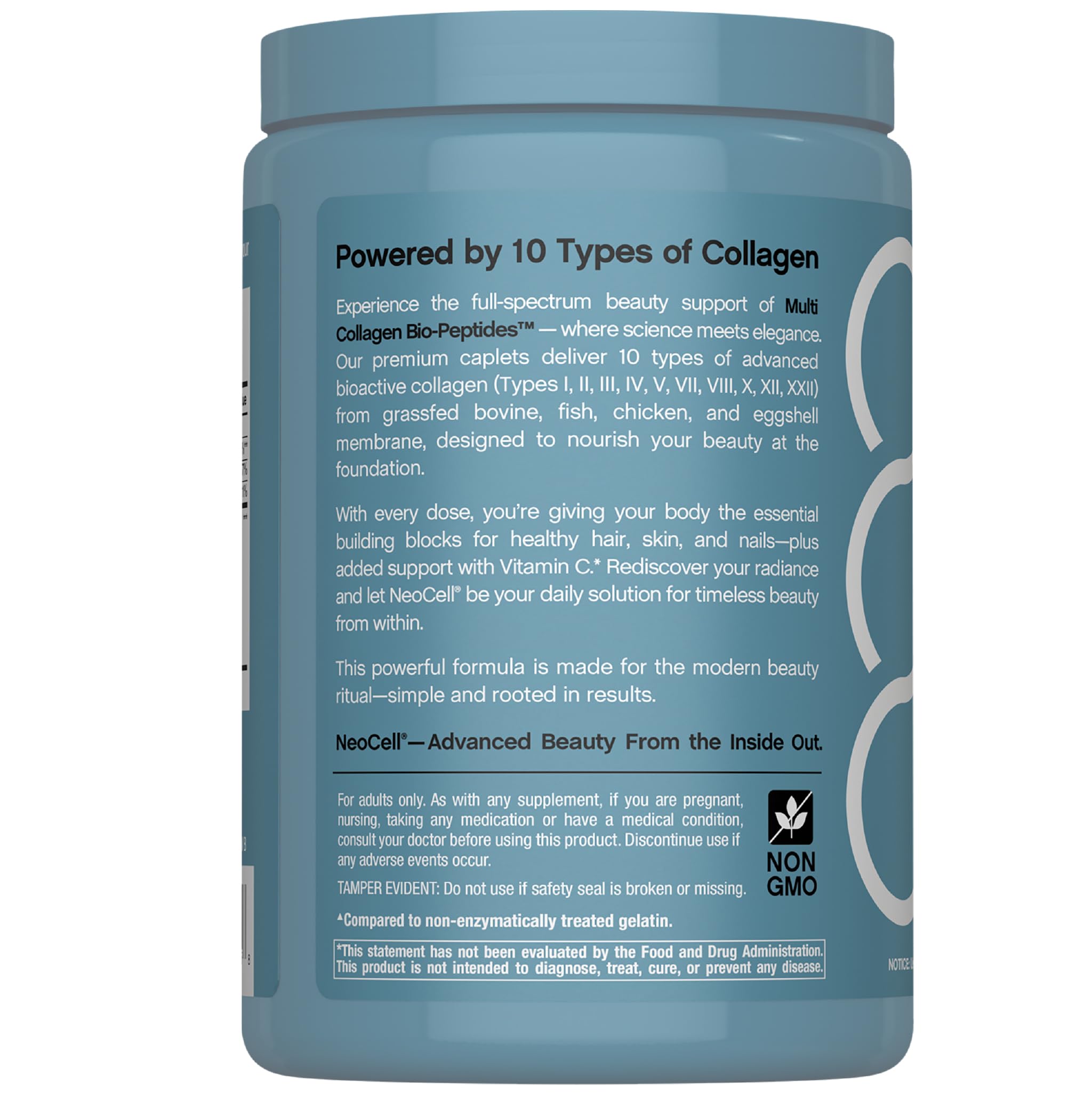 NeoCell Multi Collagen Bio-Peptides caplets on a wooden surface