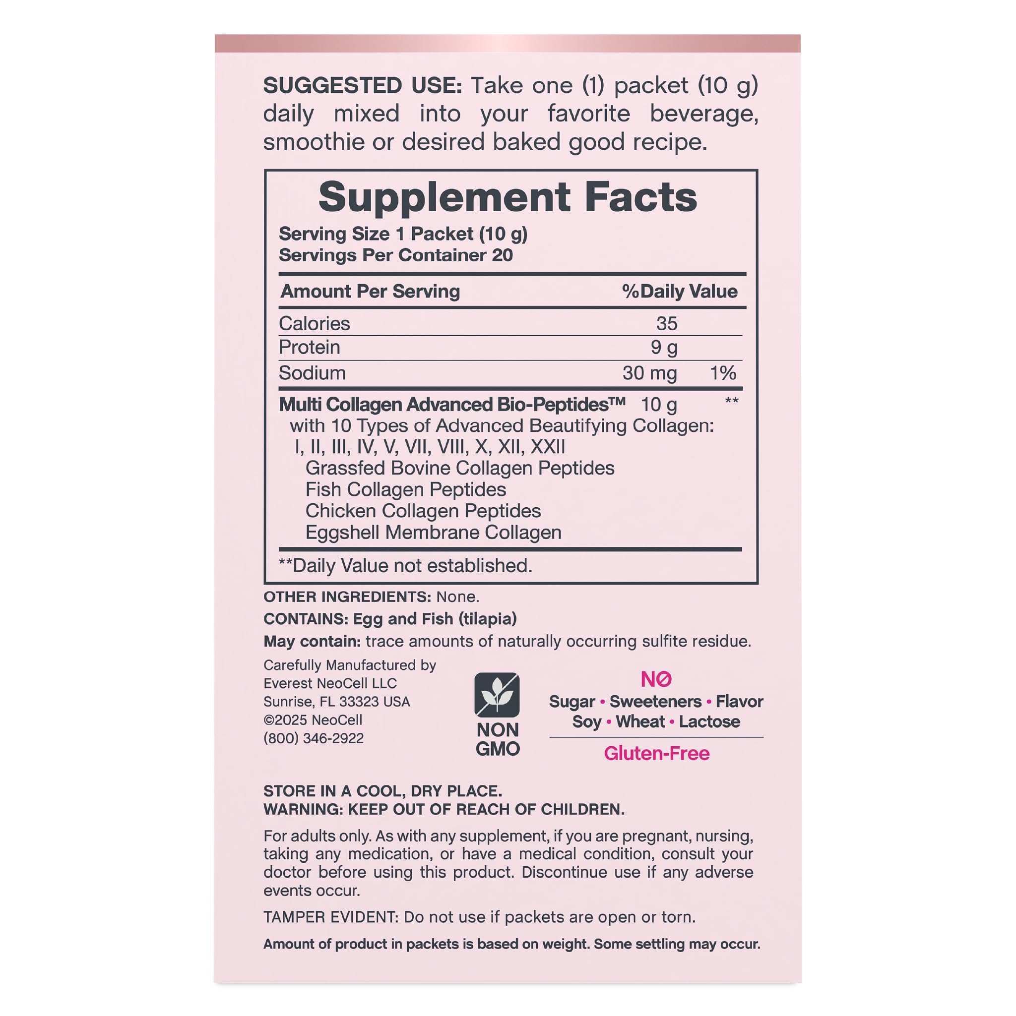 NeoCell Multi Collagen Powder stick pack back view