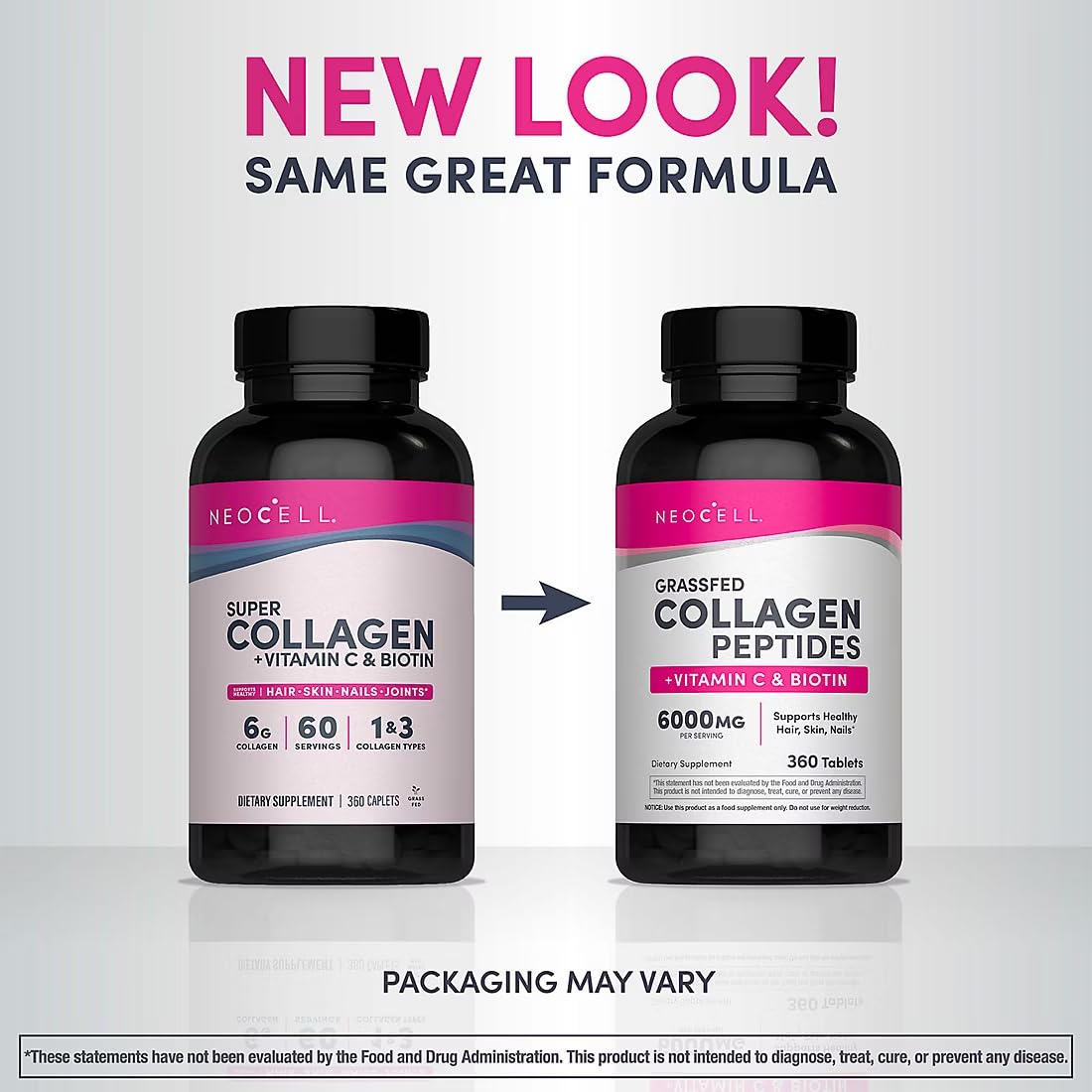 NeoCell Super Collagen + C 360 ct. capsules on a wooden table
