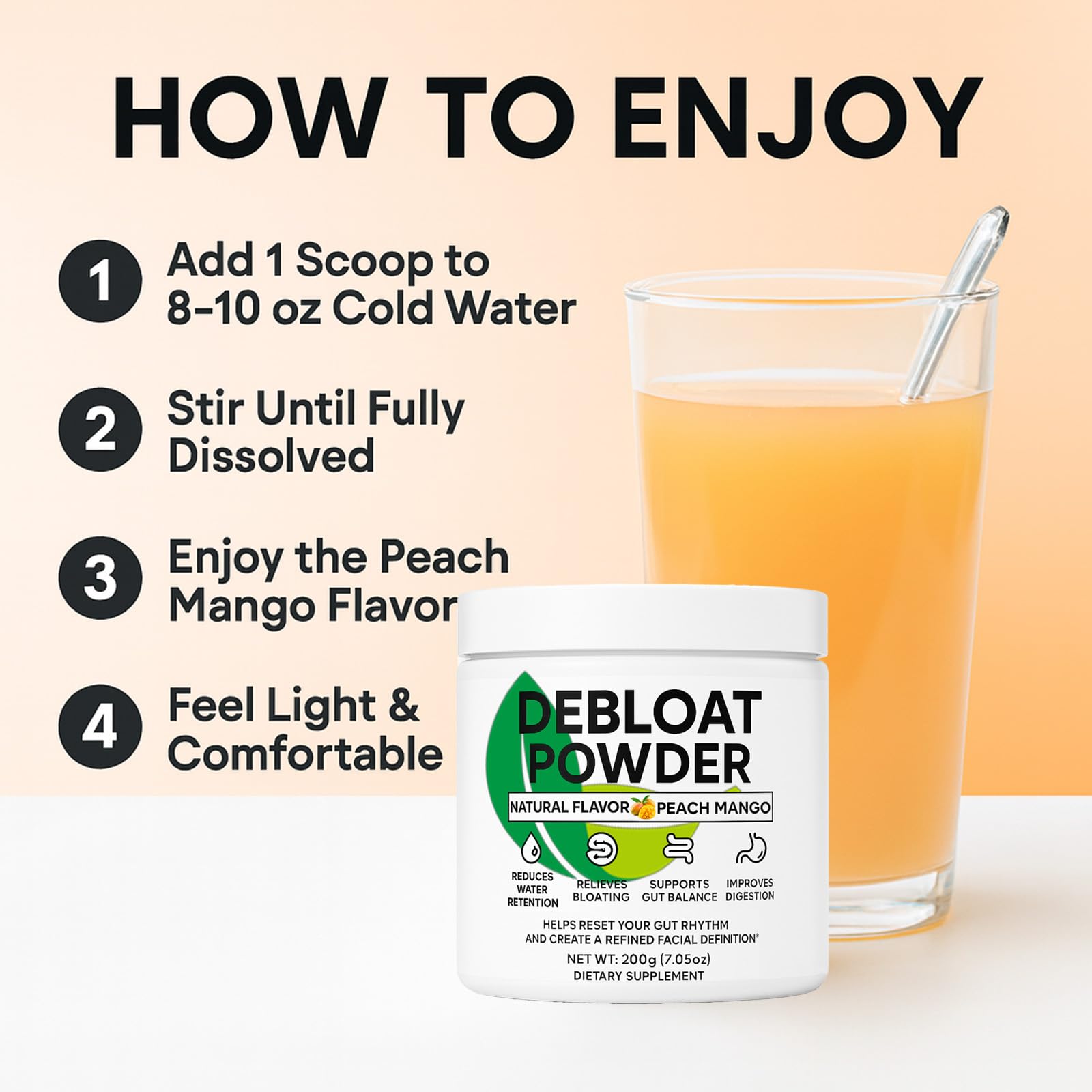 Neonomicon Debloat Powder 200g Peach Mango flavour packaging