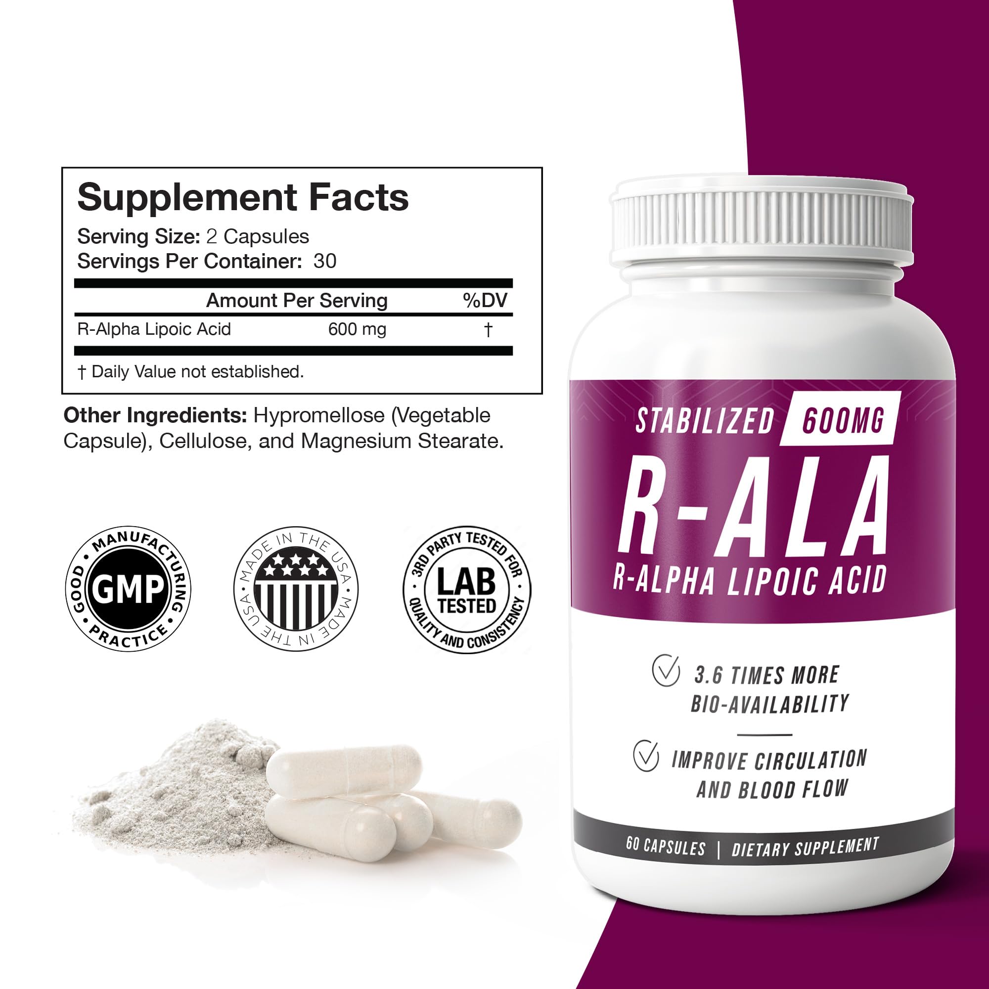 NERVE RENEW Alpha Lipoic Acid 600mg supplement side view