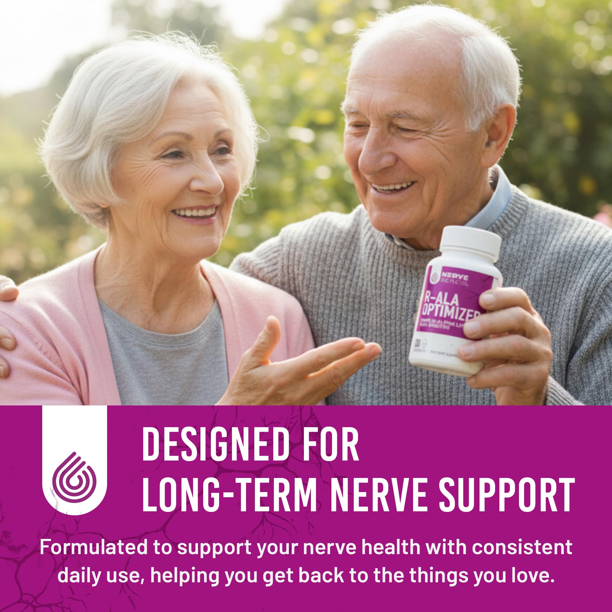 NERVE RENEW Alpha Lipoic Acid supplement capsules on a wooden table