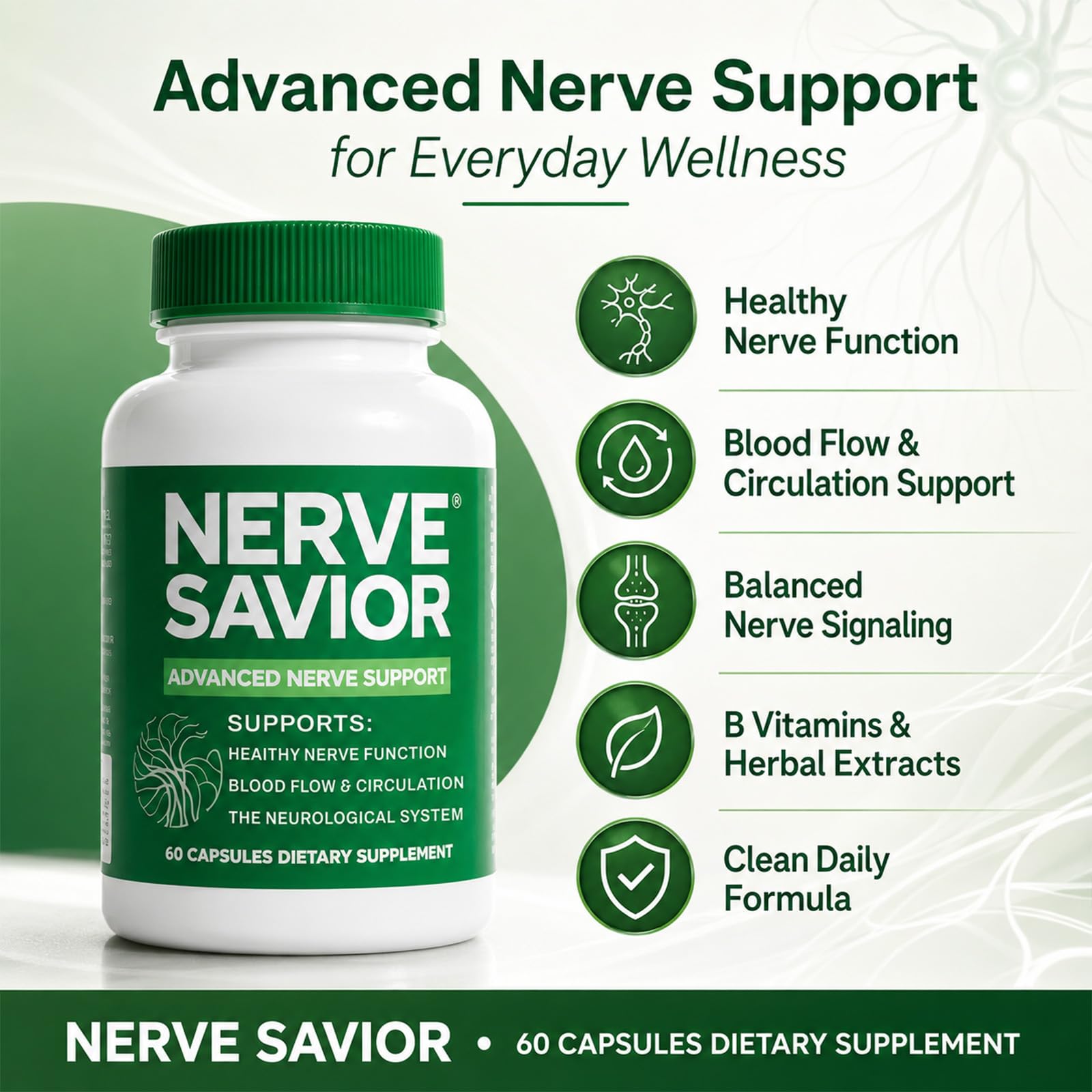Nerve Savior B-Complex Supplement capsules on a wooden table