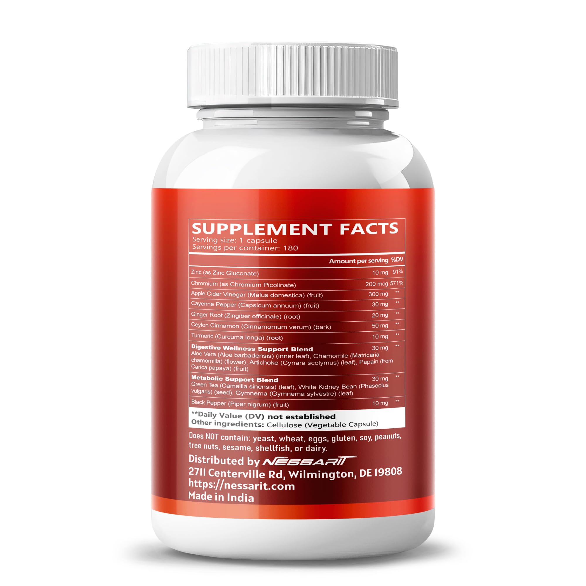 NESSARIT Apple Cider Vinegar Capsules 300mg side view with ingredients
