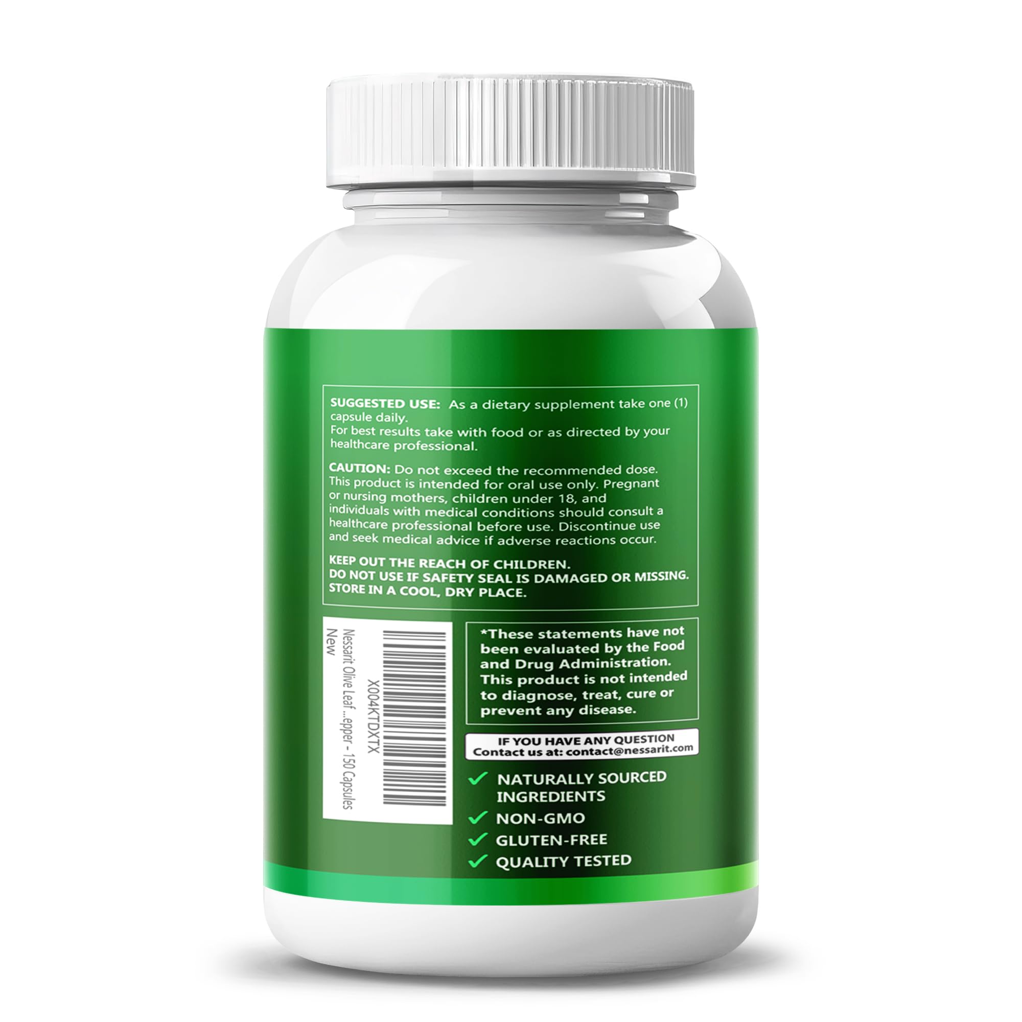 NESSARIT Olive Leaf Supplement bottle side view with ingredient details