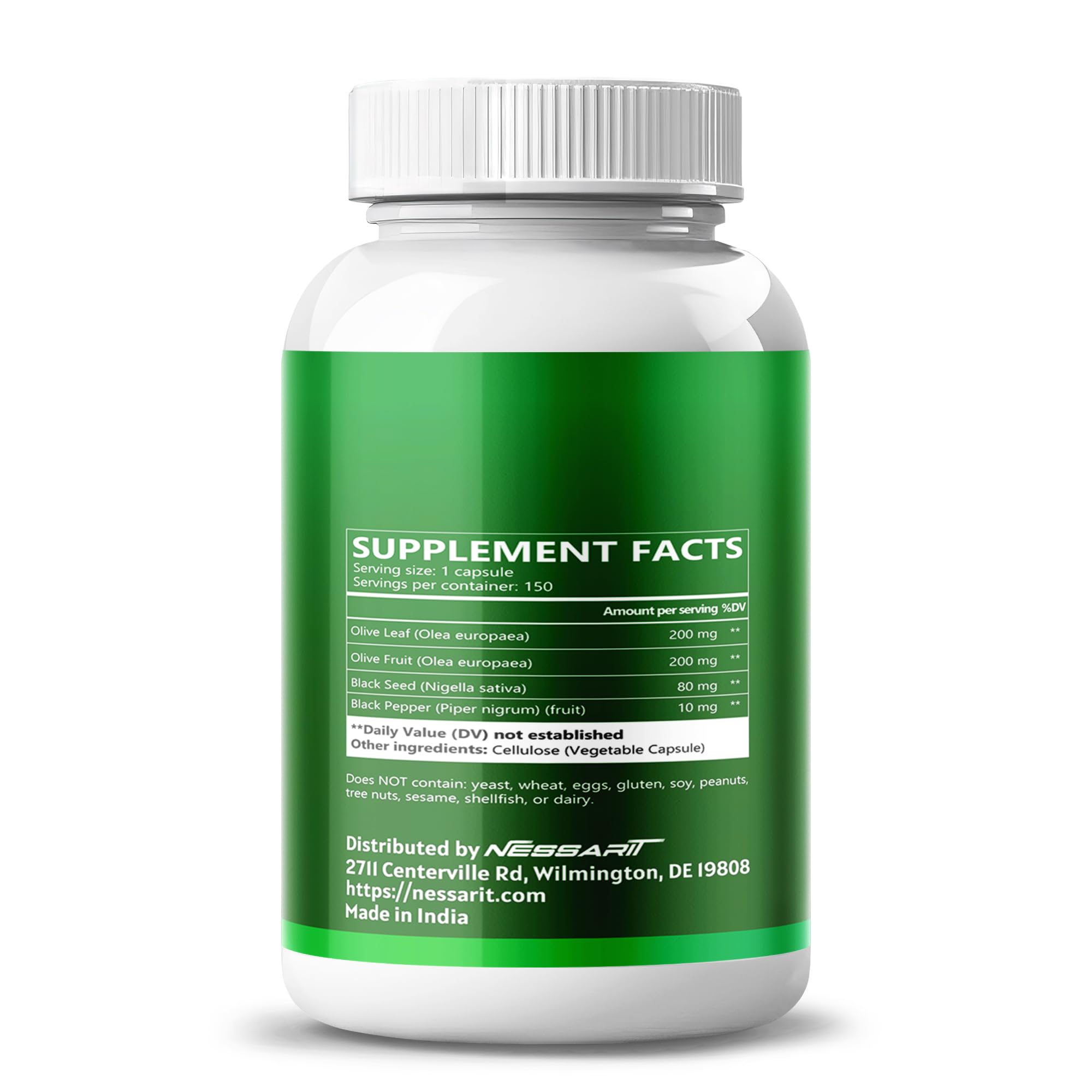 NESSARIT Olive Leaf Supplement capsule close-up showing size and colour