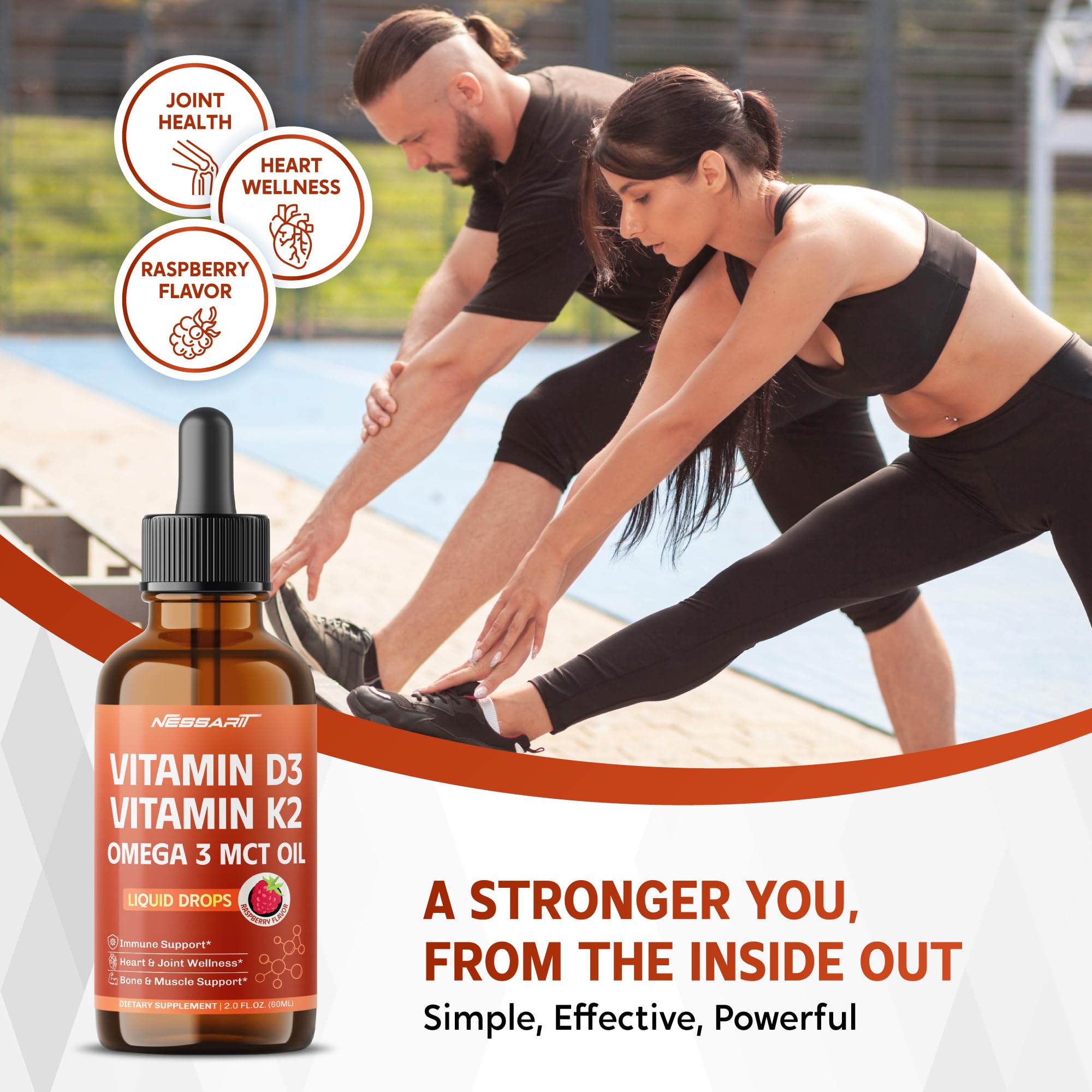 NESSARIT Vitamin D3 10,000 IU & K2 Liquid Supplement on a wooden table