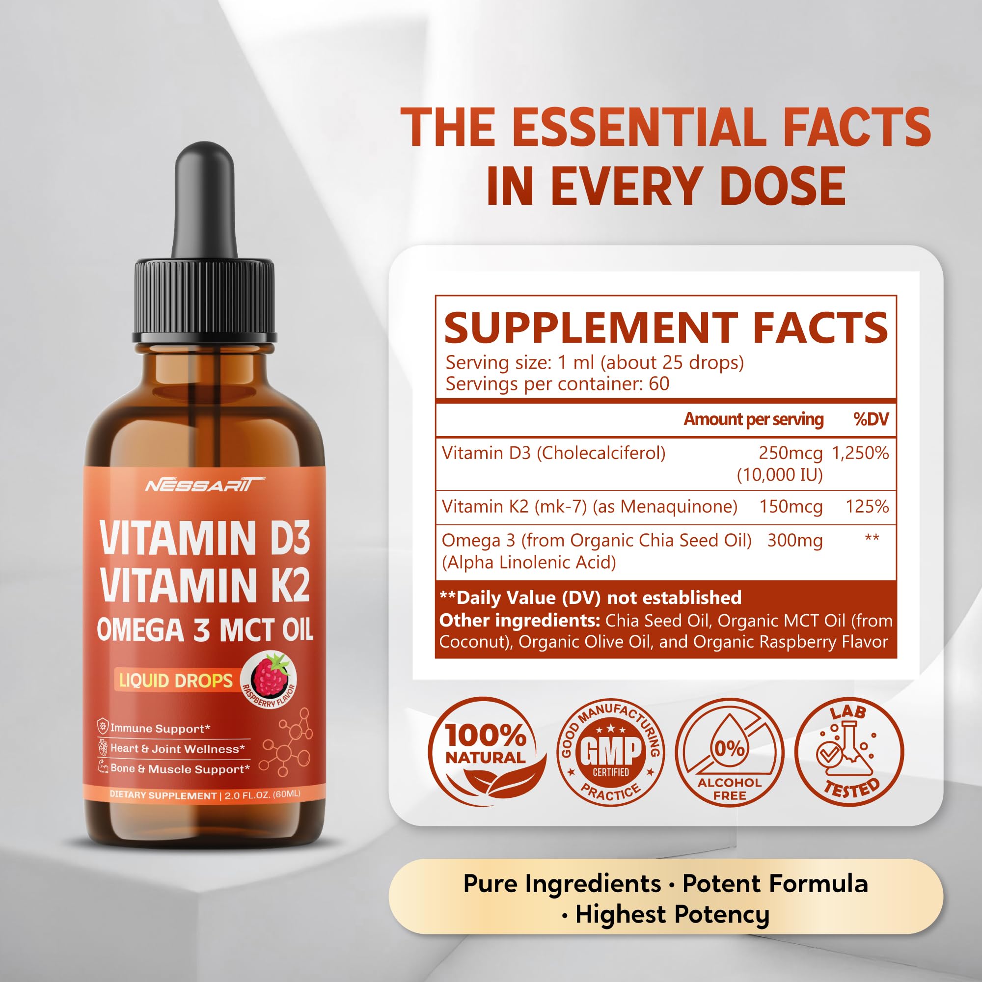 NESSARIT Vitamin D3 10,000 IU & K2 Liquid Supplement side view