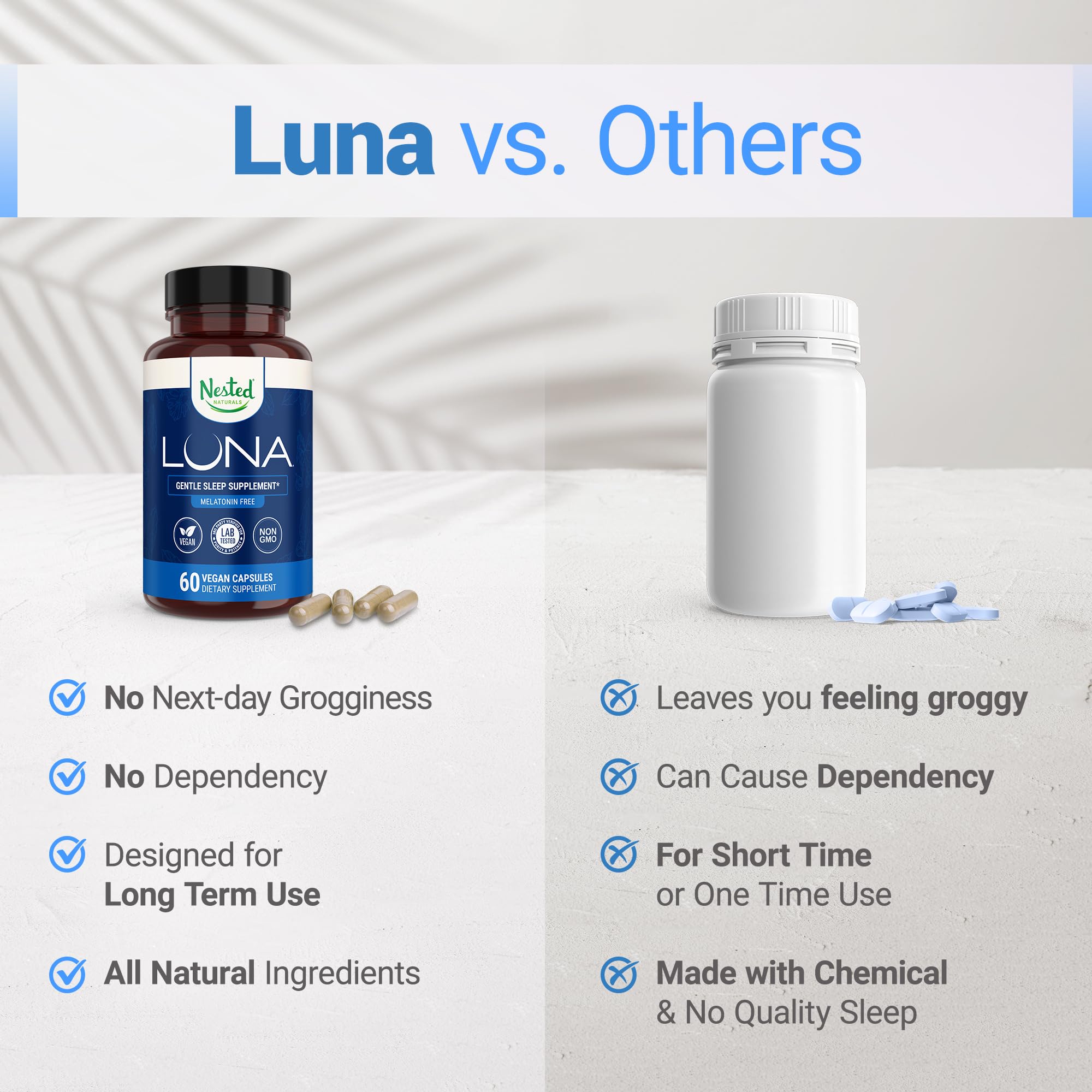Nested Naturals Luna Melatonin-Free Sleep Aid on a bedside table