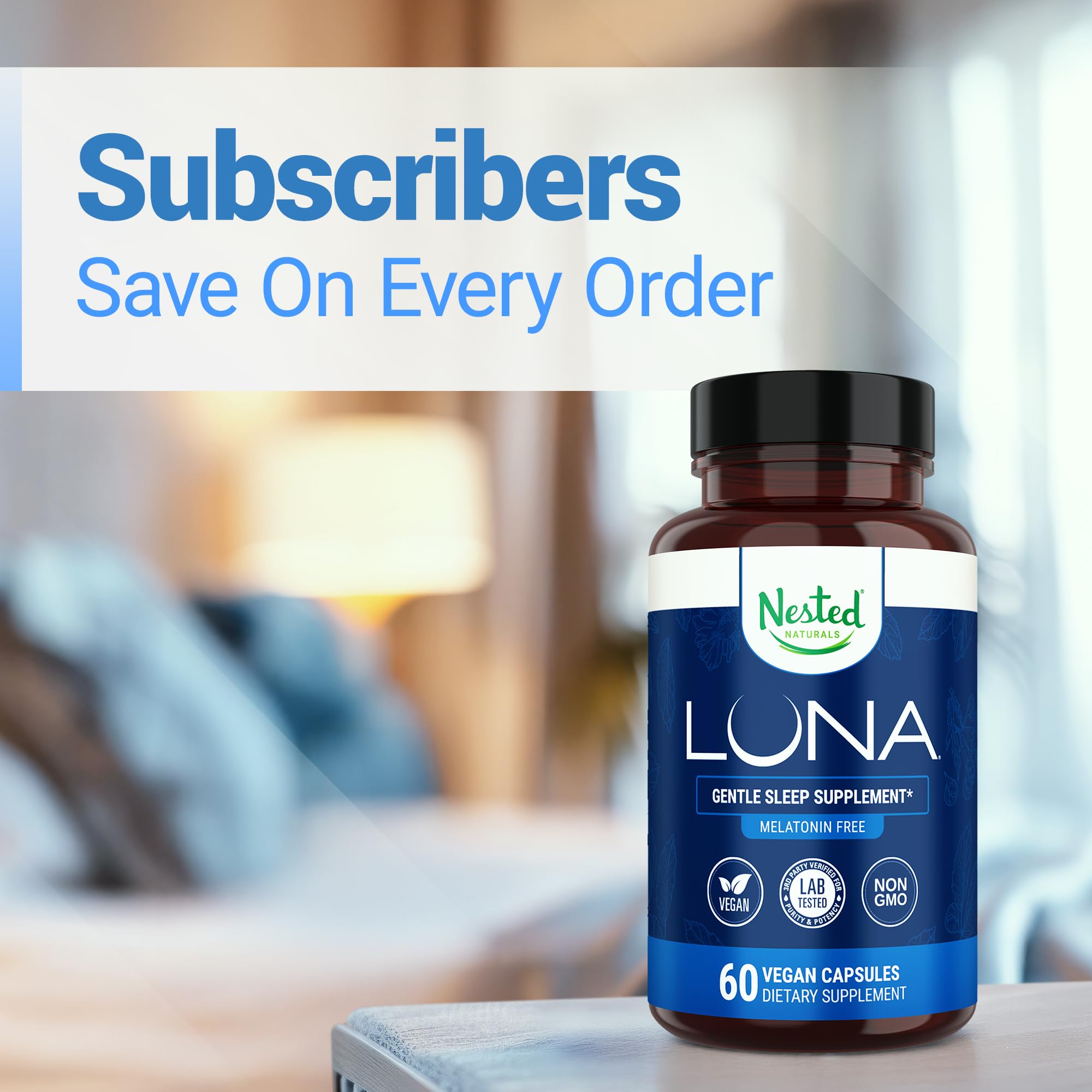 Nested Naturals Luna Melatonin-Free Sleep Aid with a glass of water