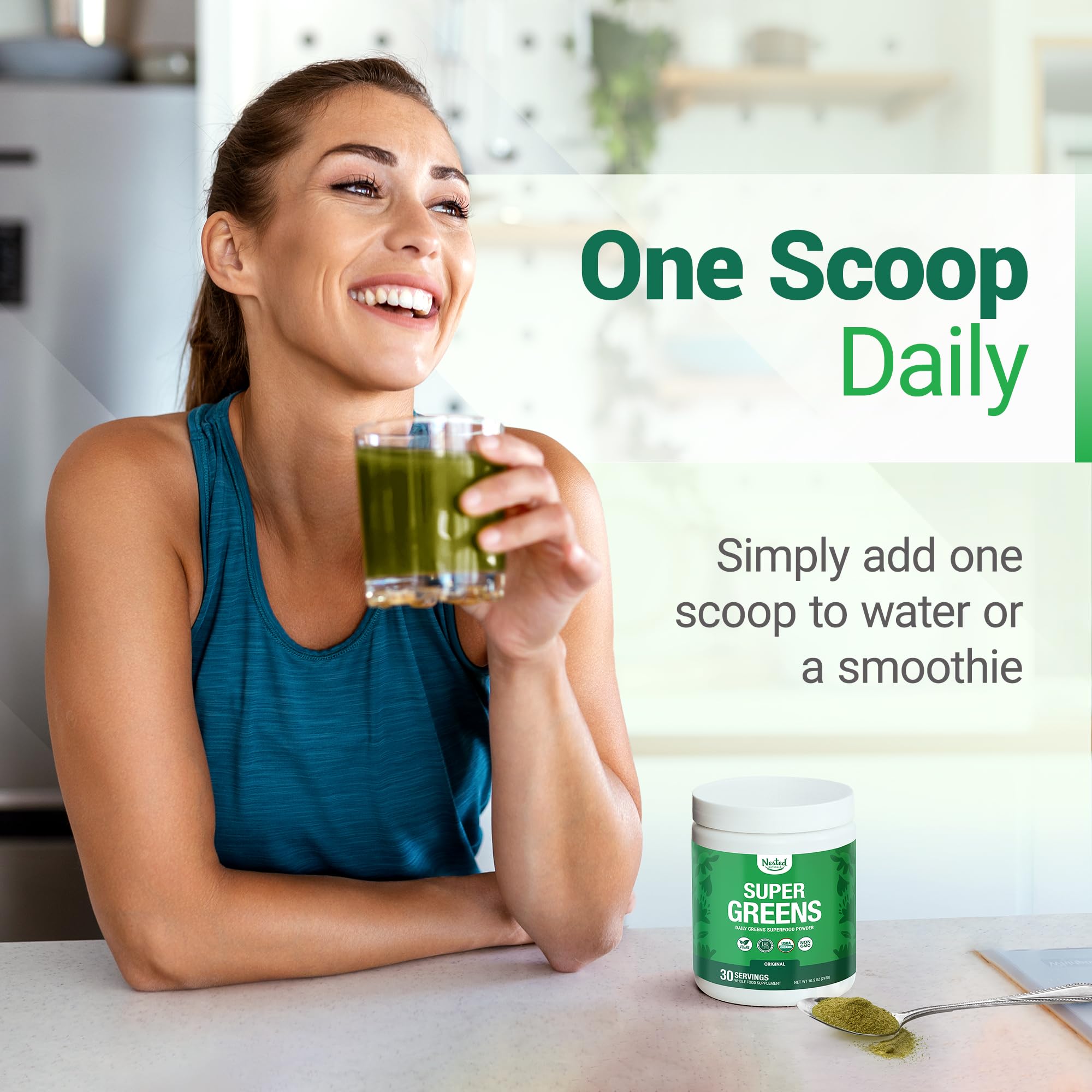 Nested Naturals Super Greens Powder in a smoothie
