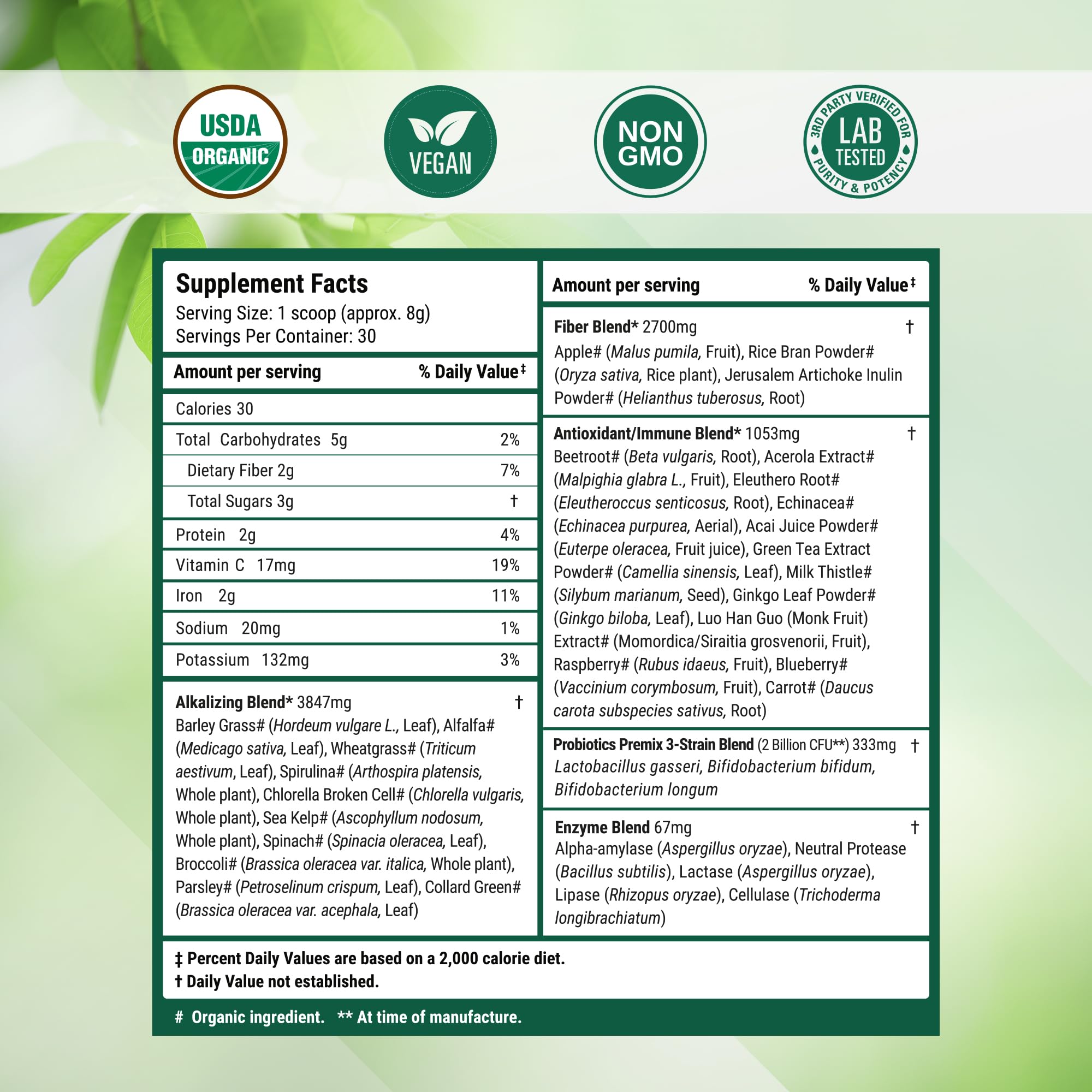 Nested Naturals Super Greens Powder on a kitchen counter