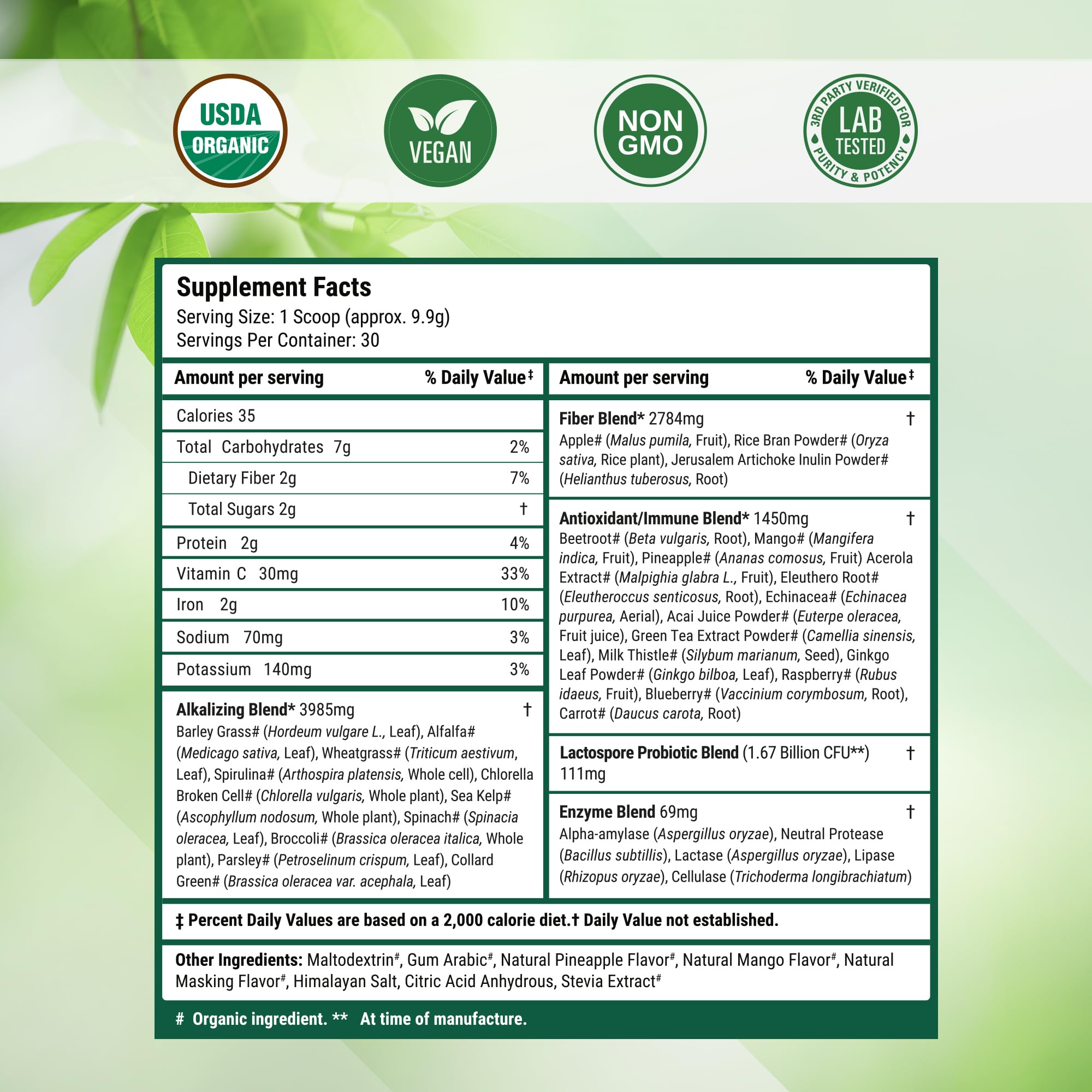 Nested Naturals Super Greens Powder on a kitchen counter