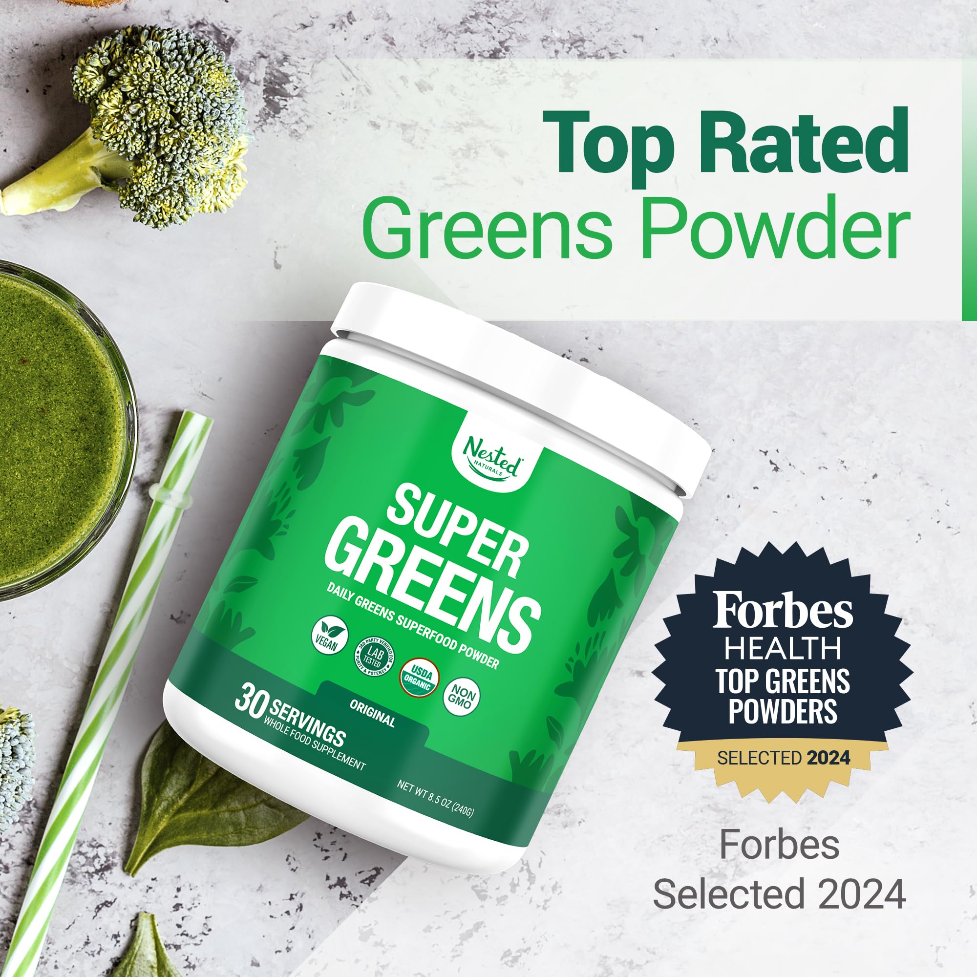 Nested Naturals Super Greens Powder packaging with scoop