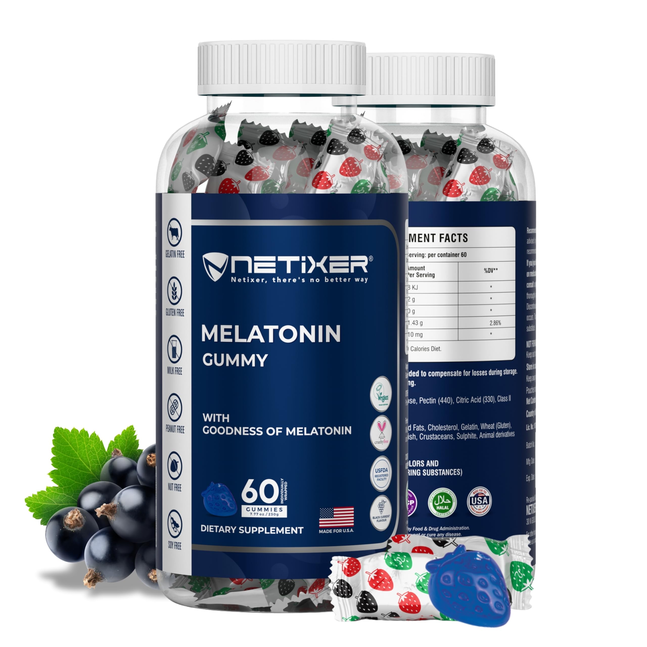 nETiXER Melatonin Gummies 60 Count blackcurrant flavour front view