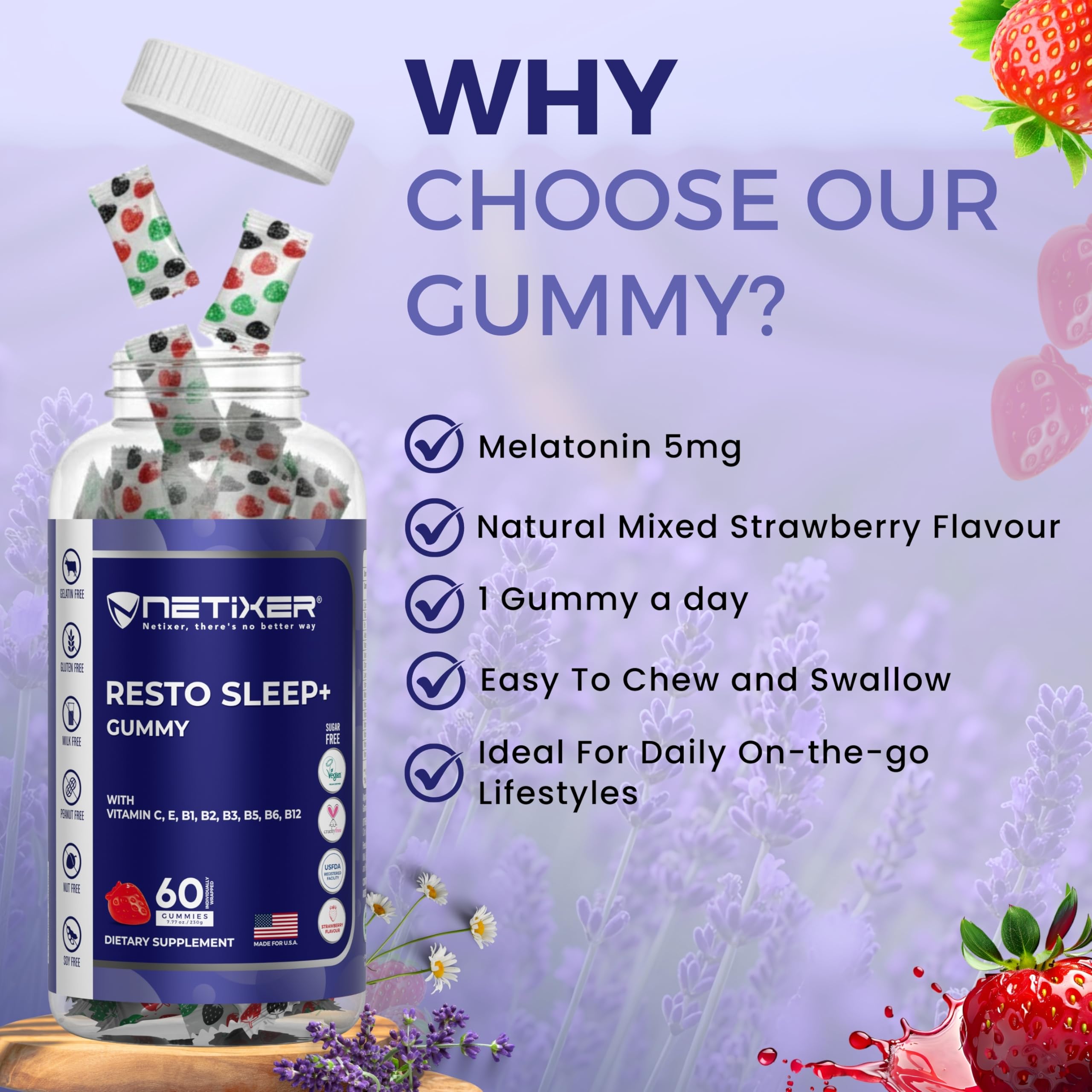 nETiXER Resto Sleep+ Gummies in a hand for size reference