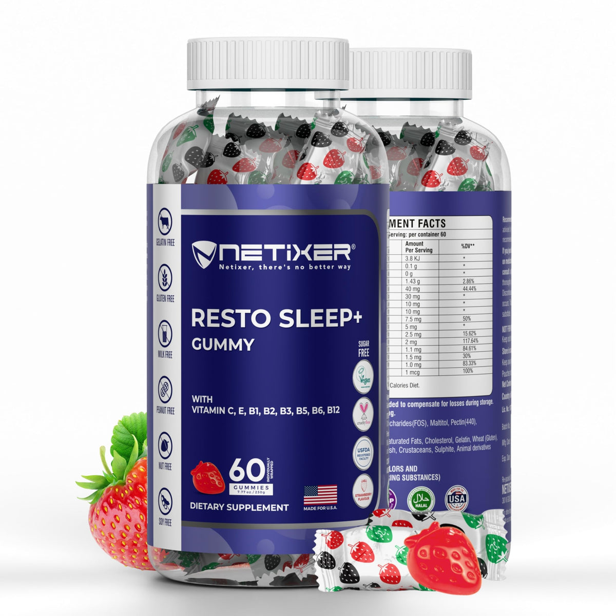 nETiXER Resto Sleep+ Gummies packaging front view with strawberry flavour