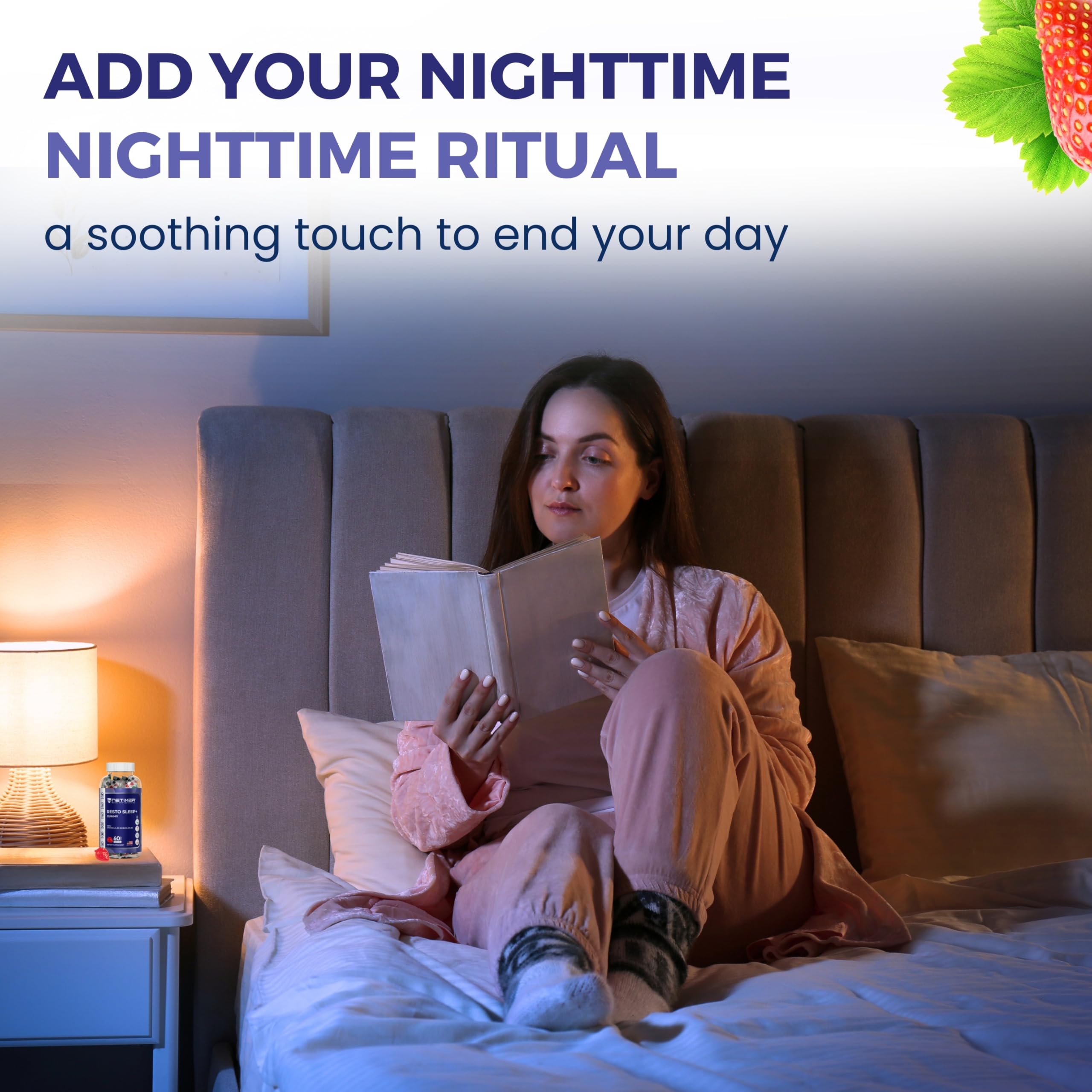 nETiXER Resto Sleep+ Gummies with a fresh strawberry