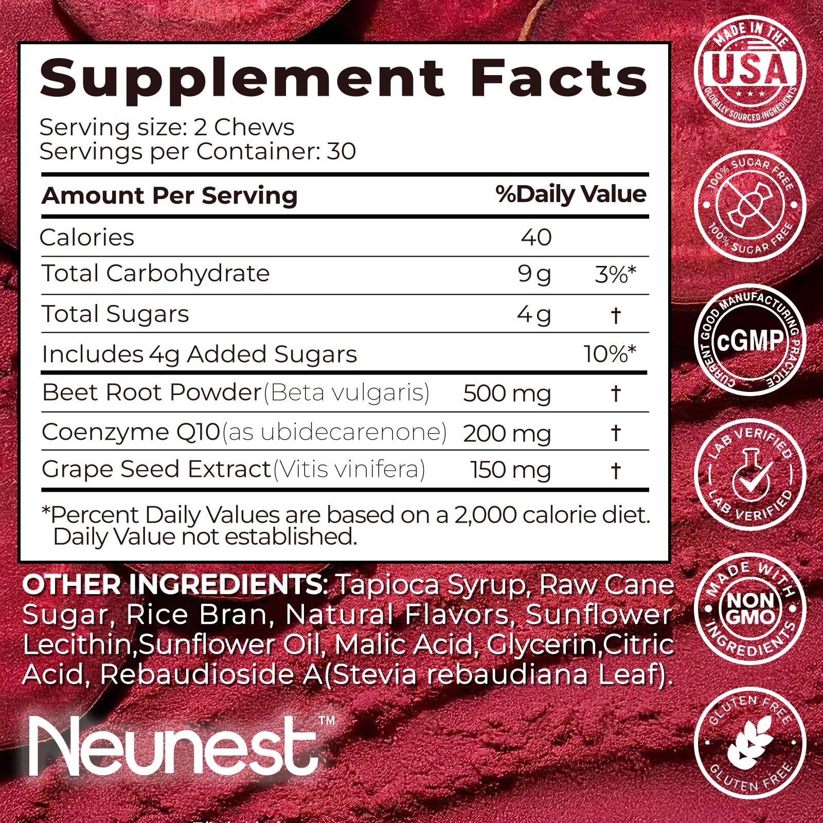 NEUNEST Beet Chews displayed on a wooden table