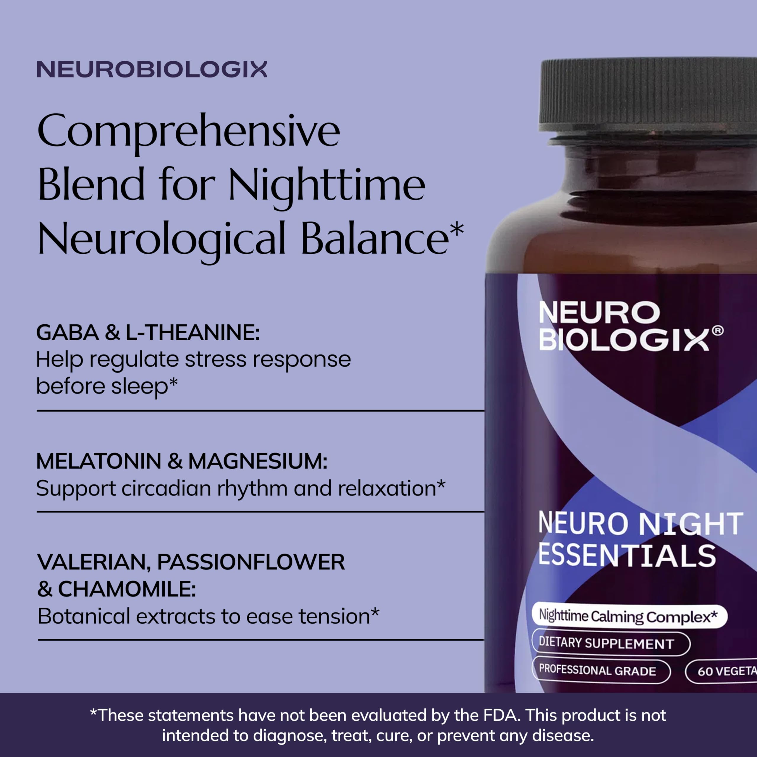 Neurobiologix Neuro Night Essentials capsules on a wooden surface