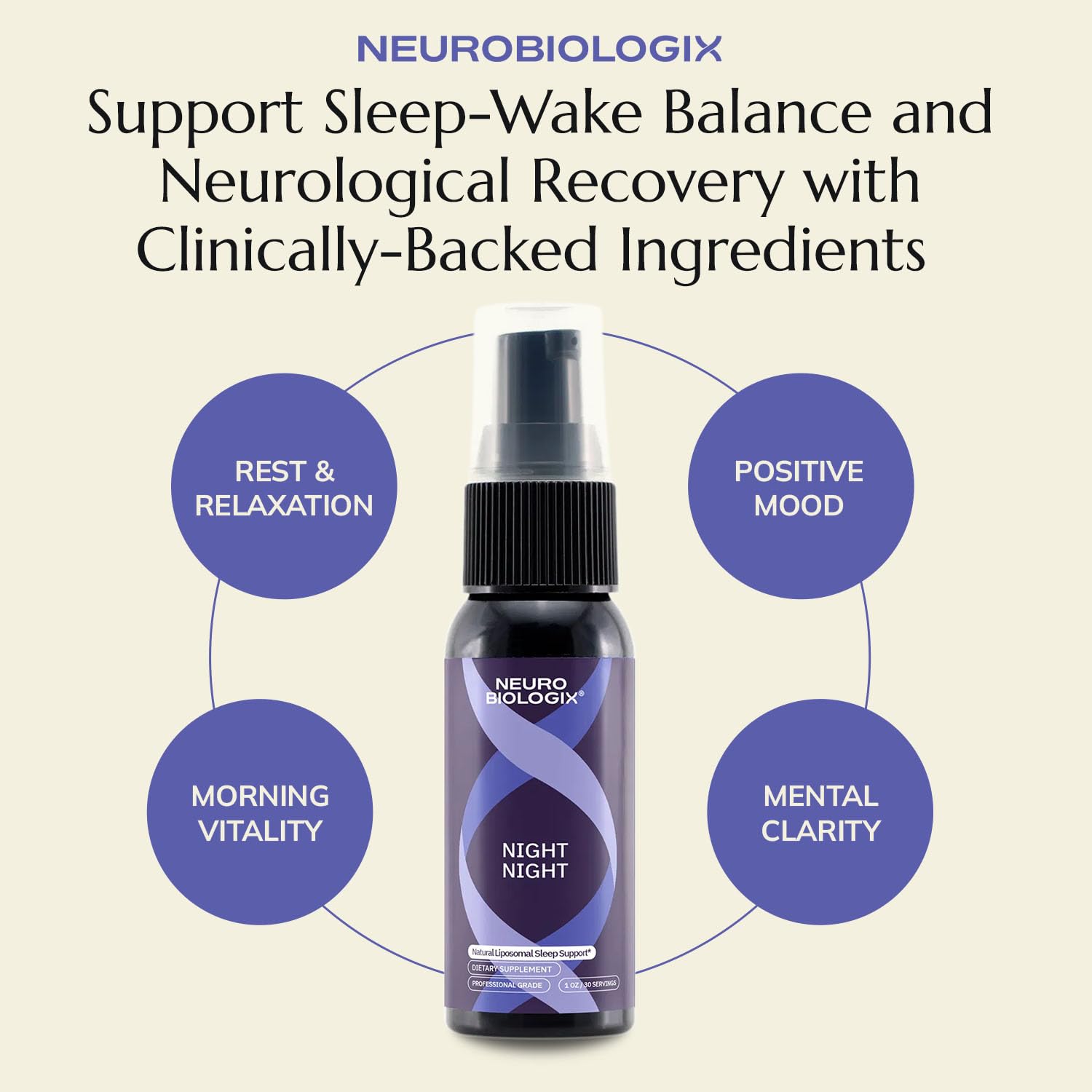 Neurobiologix Night Night Liposomal Sleep Spray on a bedside table
