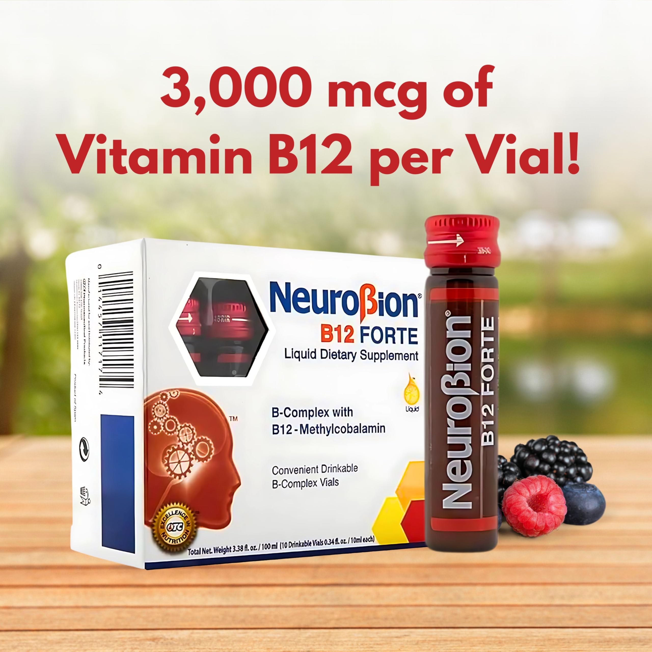 Neurobion B-Complex liquid supplement vials with nutritional information