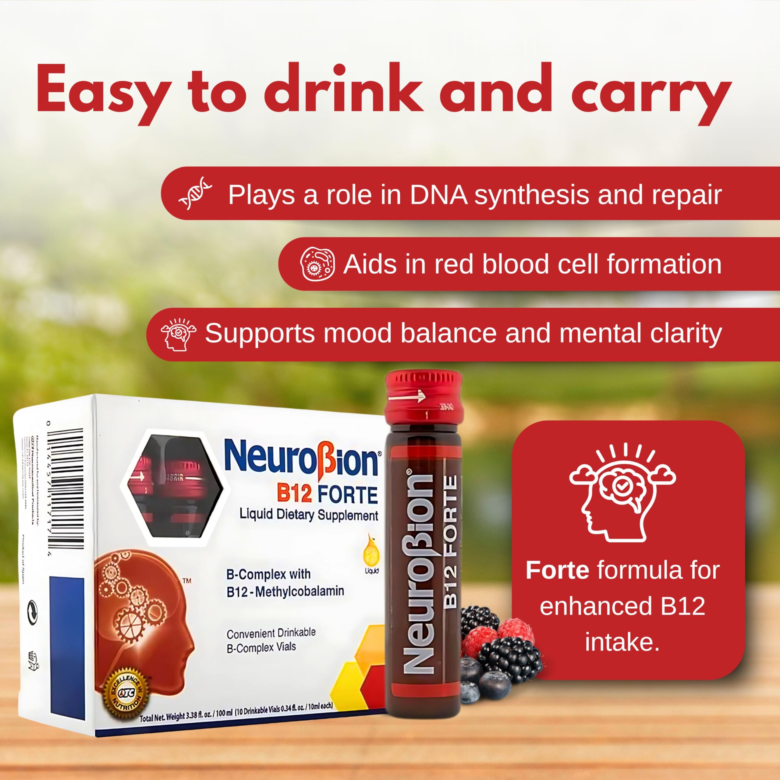 Neurobion B-Complex liquid vials displayed in a lifestyle setting