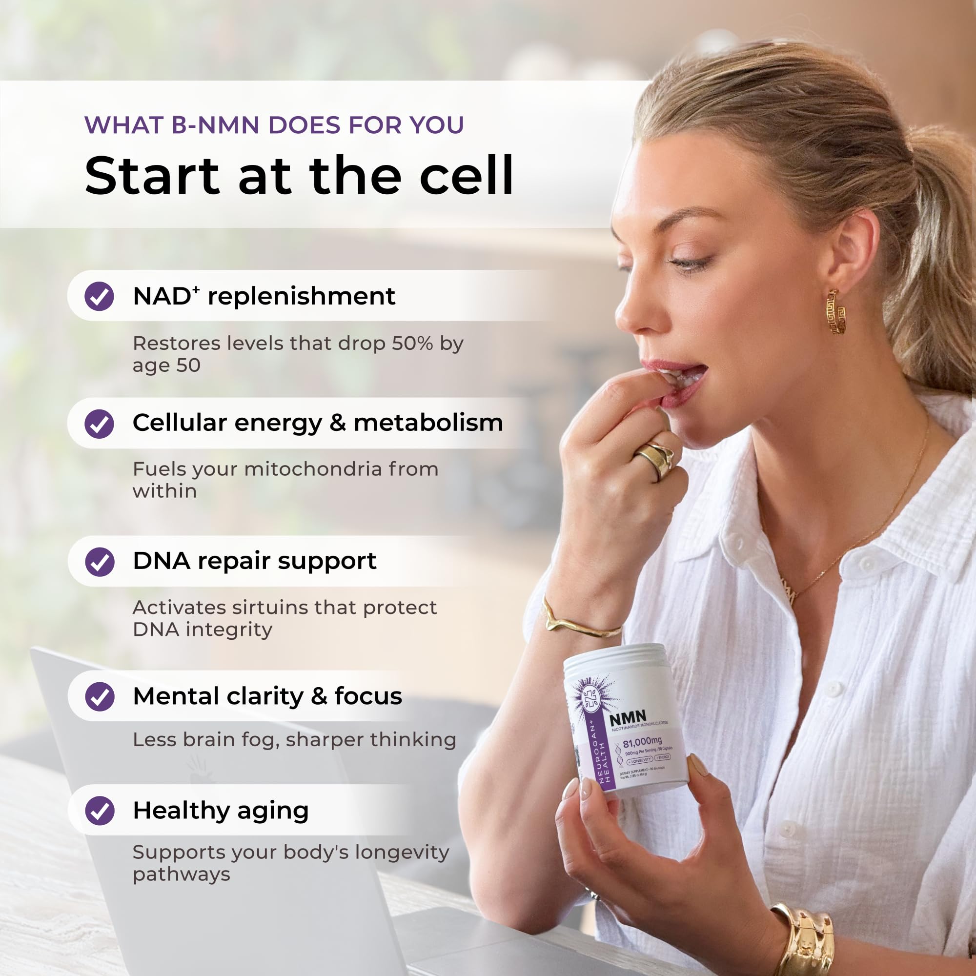Neurogan Pure Beta NMN capsules on a wooden table