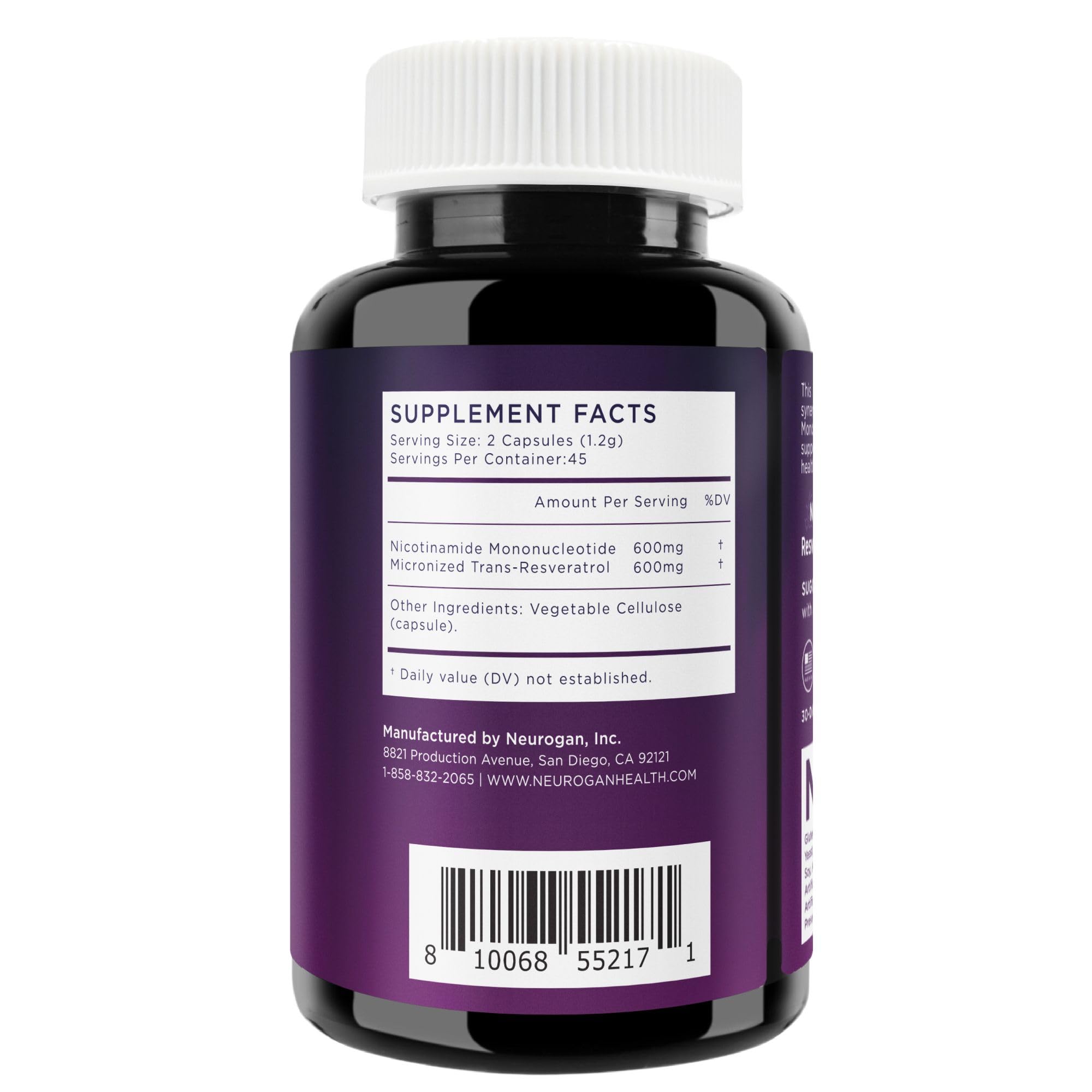Neurogan Resveratrol NMN Supplement 600mg capsules side view