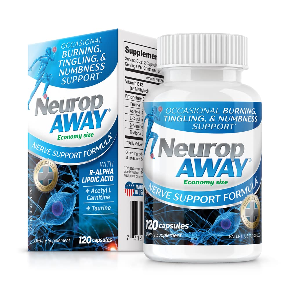 NeuropAWAY Nerve Support Supplement displayed on a wooden table