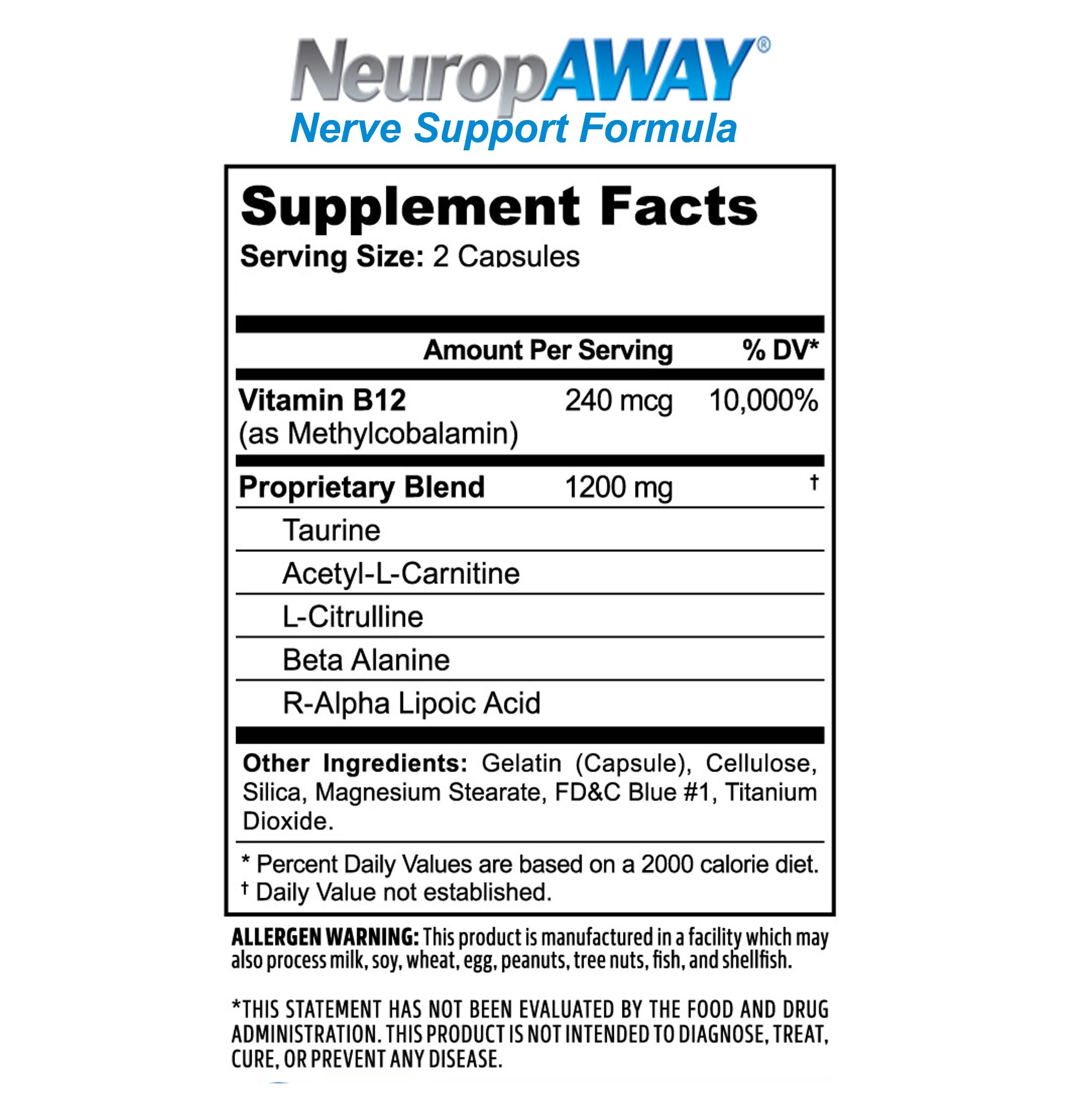 NeuropAWAY Nerve Support Supplement with a measuring spoon