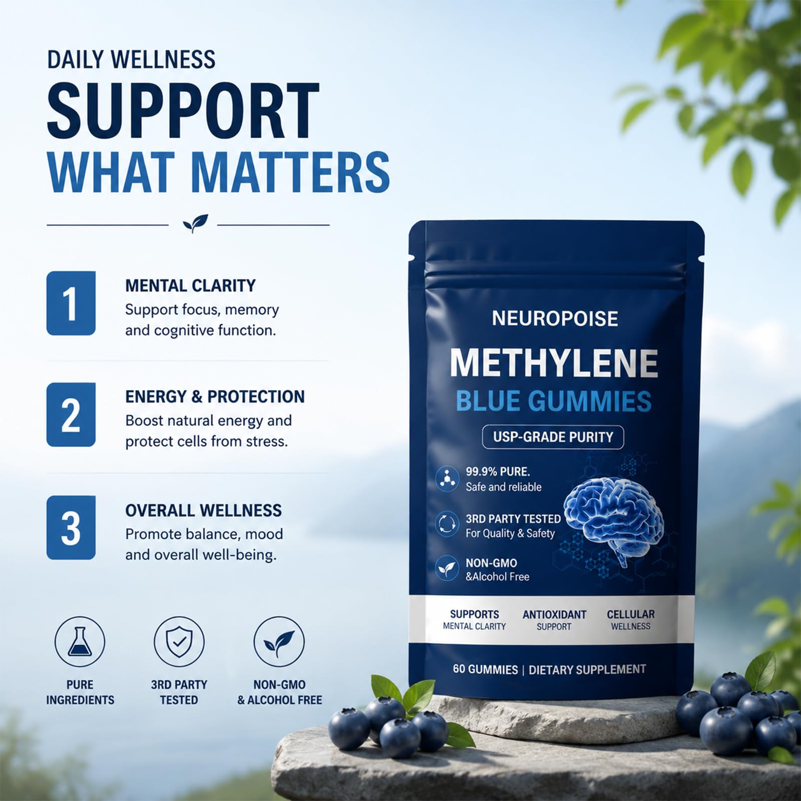 NEUROPOISE Methylene Blue Gummies with a hand holding one
