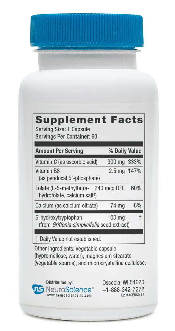 NeuroScience Serene 5-HTP Supplement opened bottle showing capsules