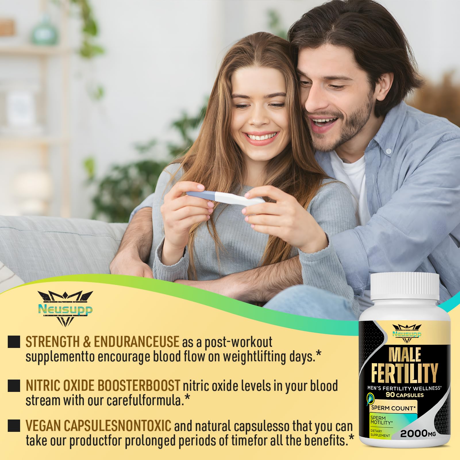 Neusupp Prenatal Vitamins for Men capsules on a wooden table