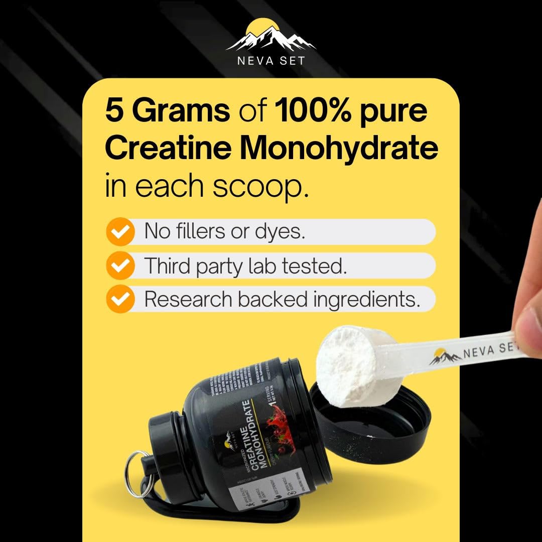 Neva Set Creatine Monohydrate Powder 495g displayed on a fitness mat