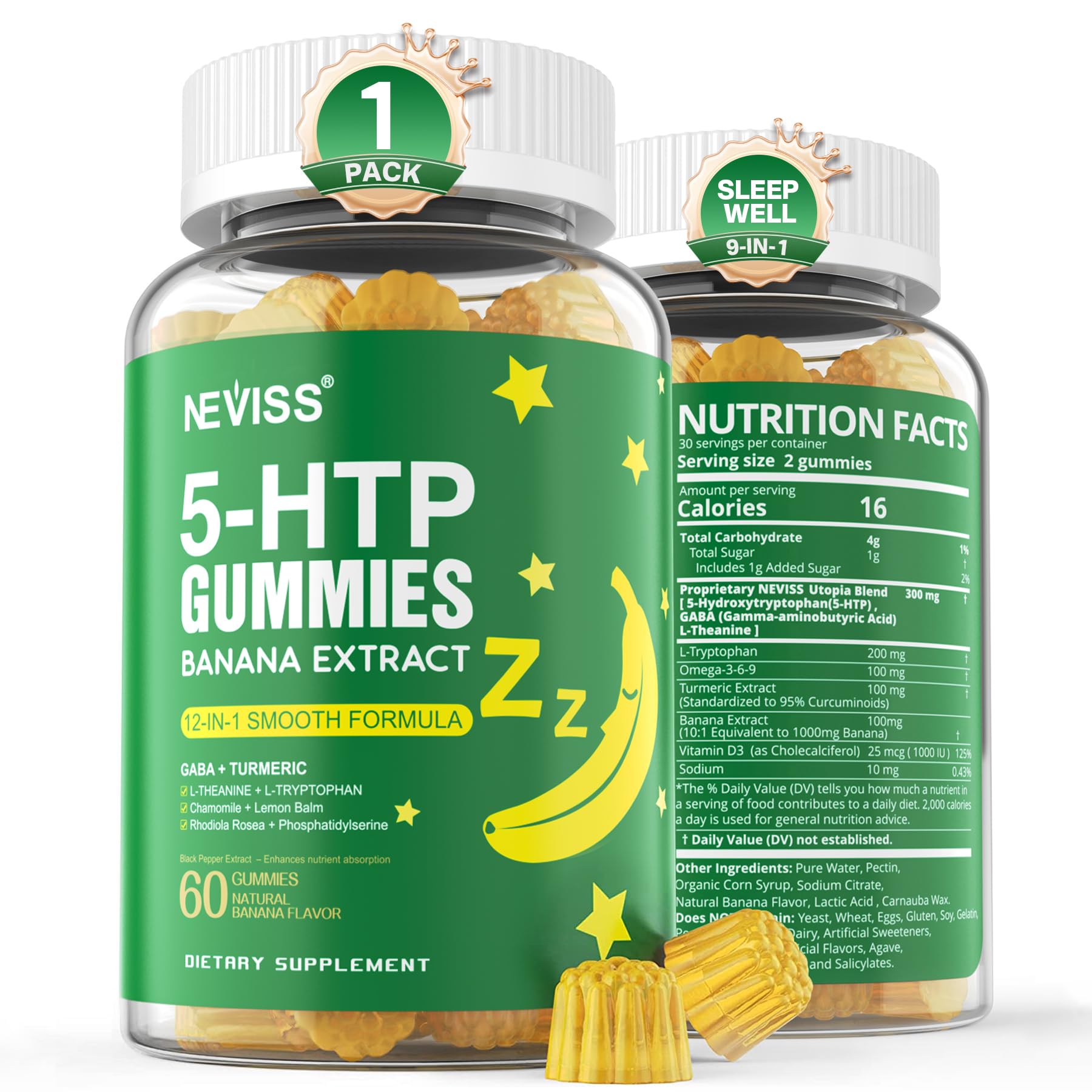 NEVISS 5-HTP Gummies 400mg front view with packaging