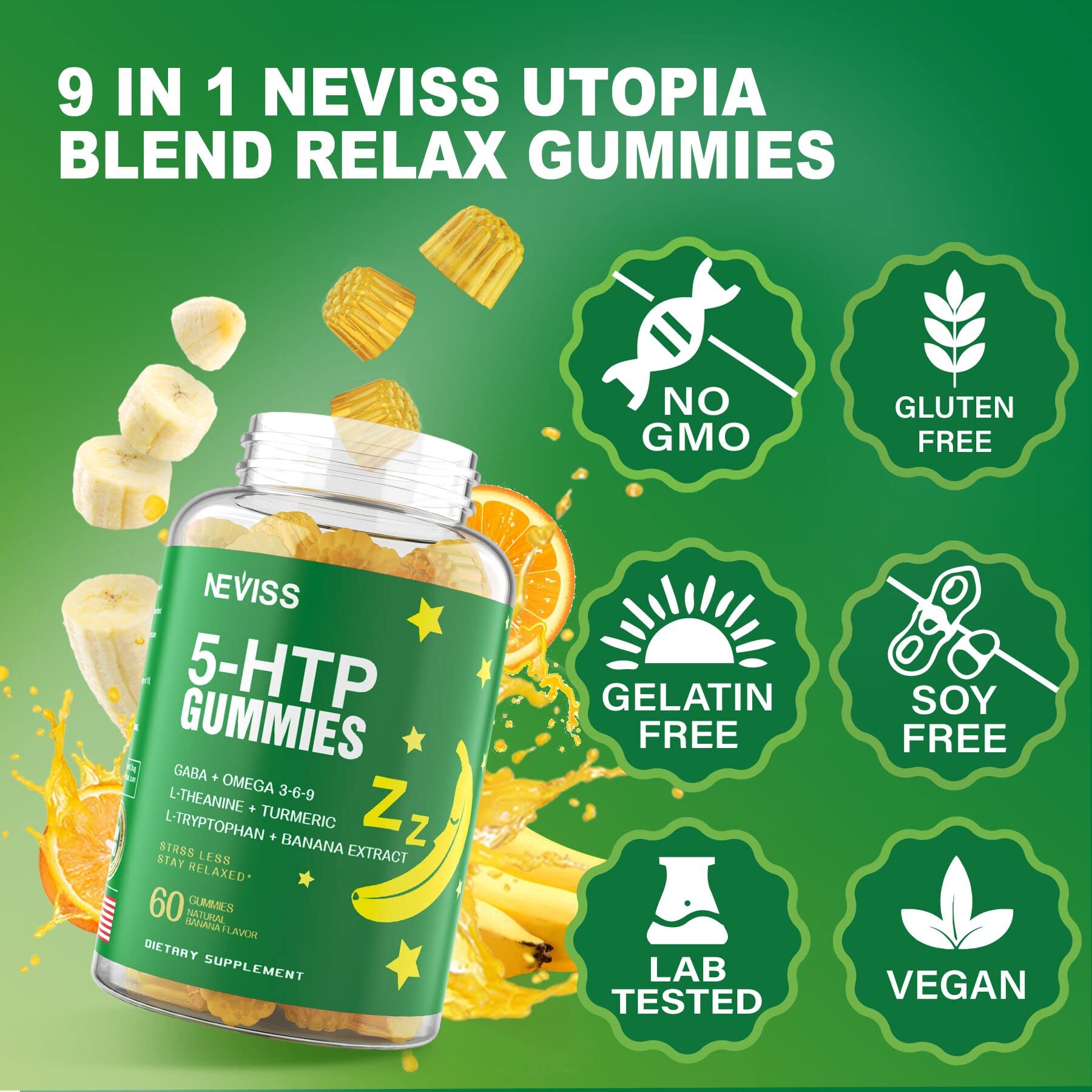 NEVISS 5-HTP Gummies 400mg on a wooden table