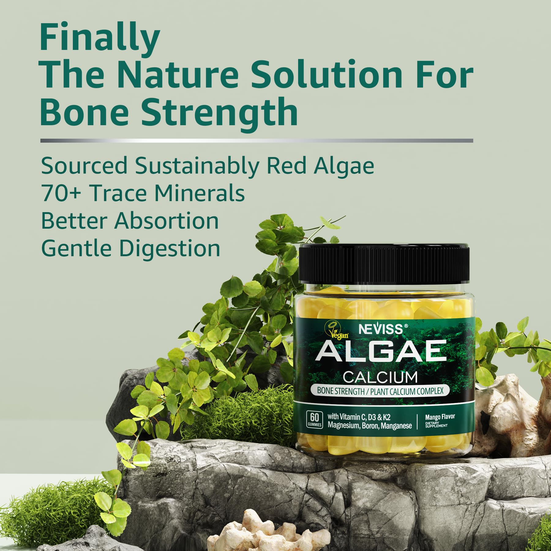 NEVISS Algae Calcium Gummies on a kitchen counter