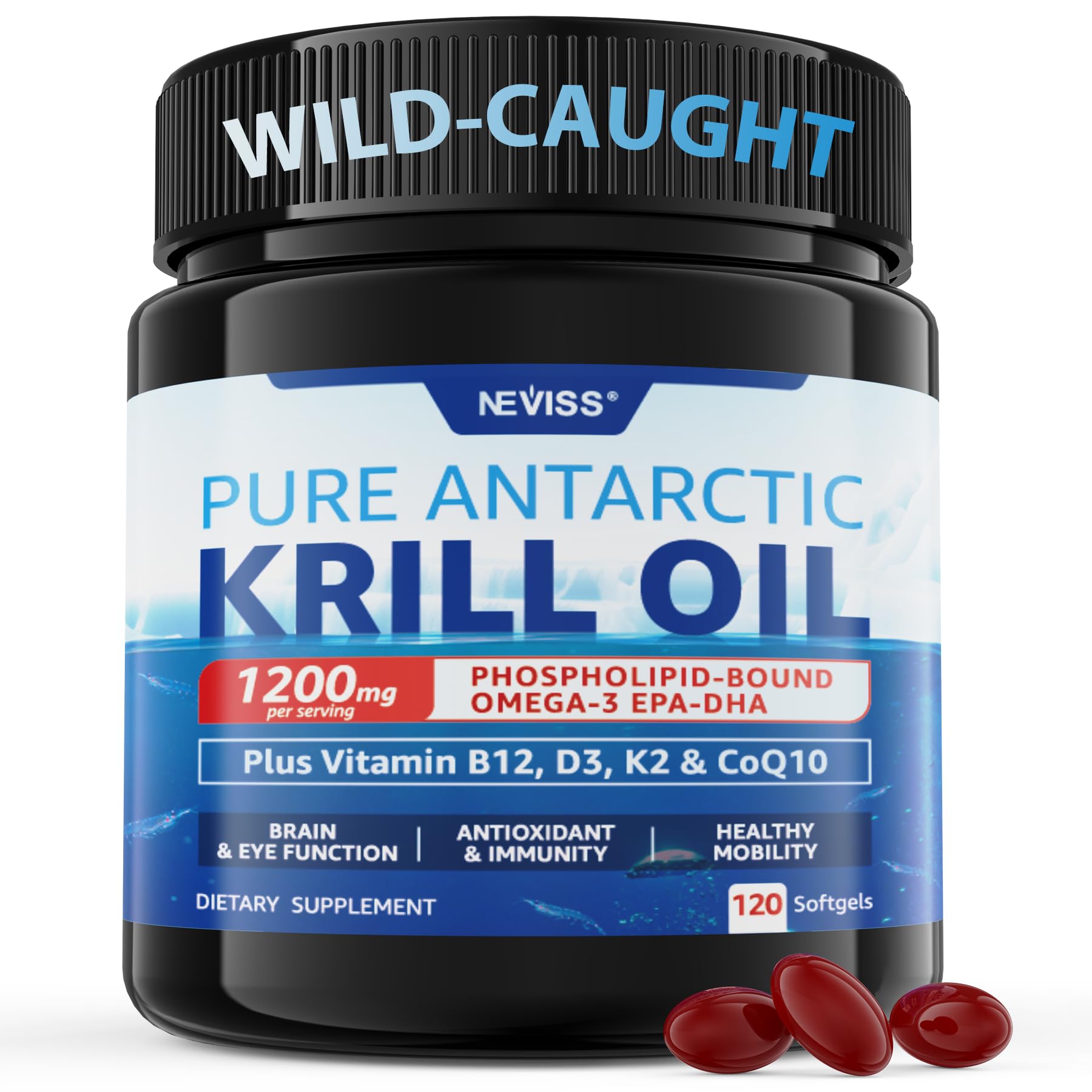 NEVISS Antarctic Krill Oil 1200mg softgel bottle front view
