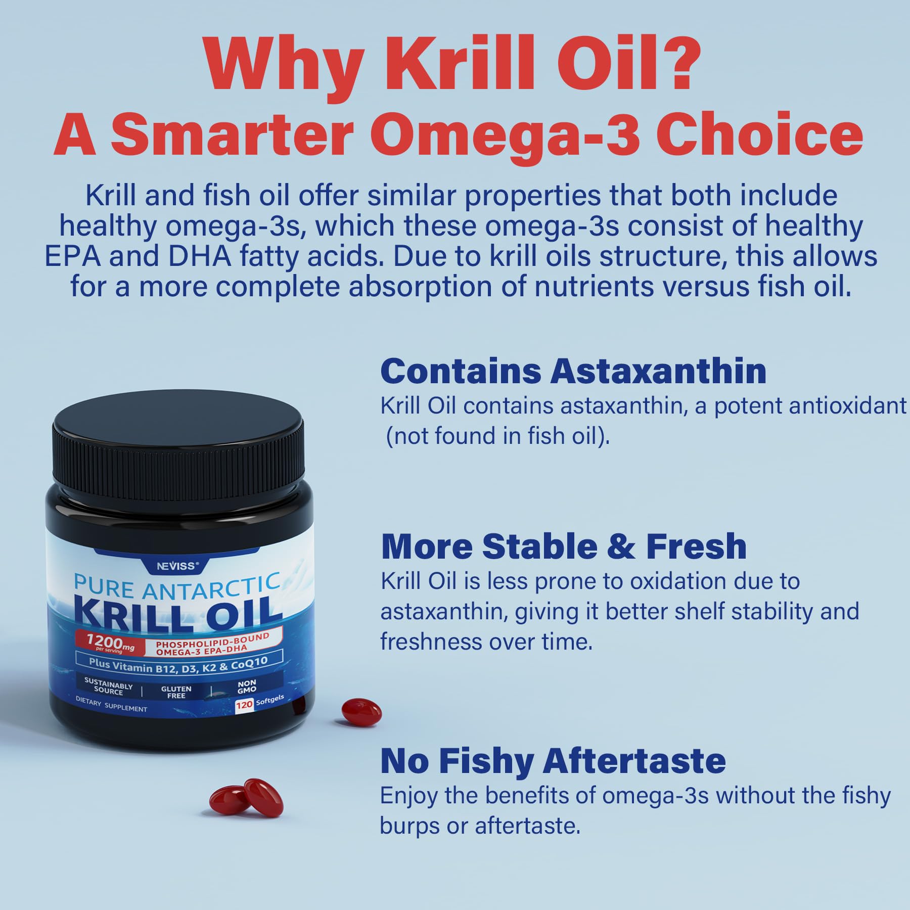 NEVISS Antarctic Krill Oil bottle with softgels on a table