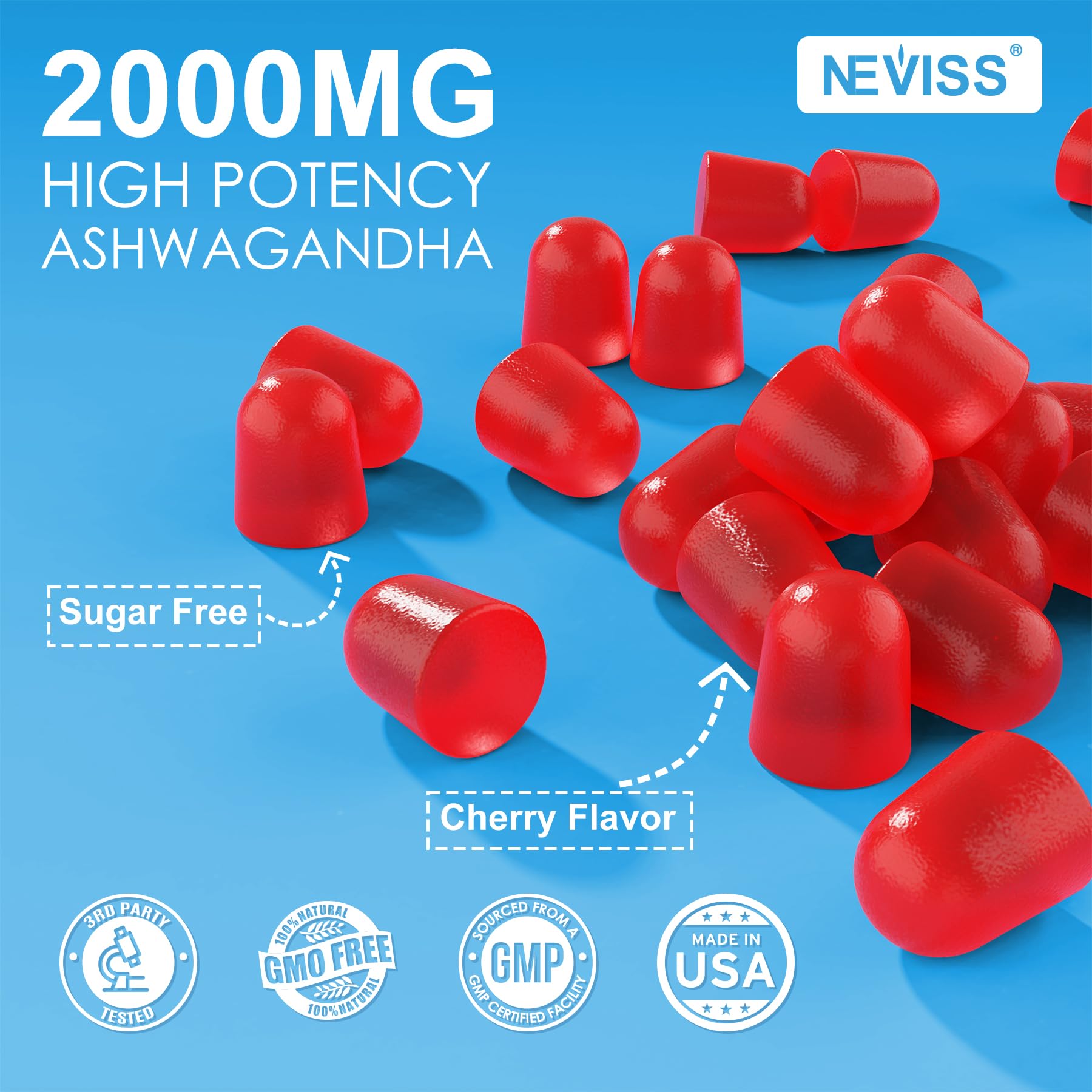 NEVISS Ashwagandha Gummies bottle with a glass of water