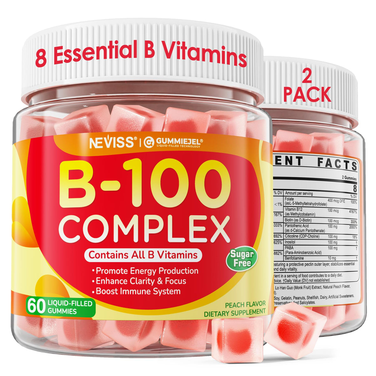 NEVISS B100 Complex Gummies front view with packaging