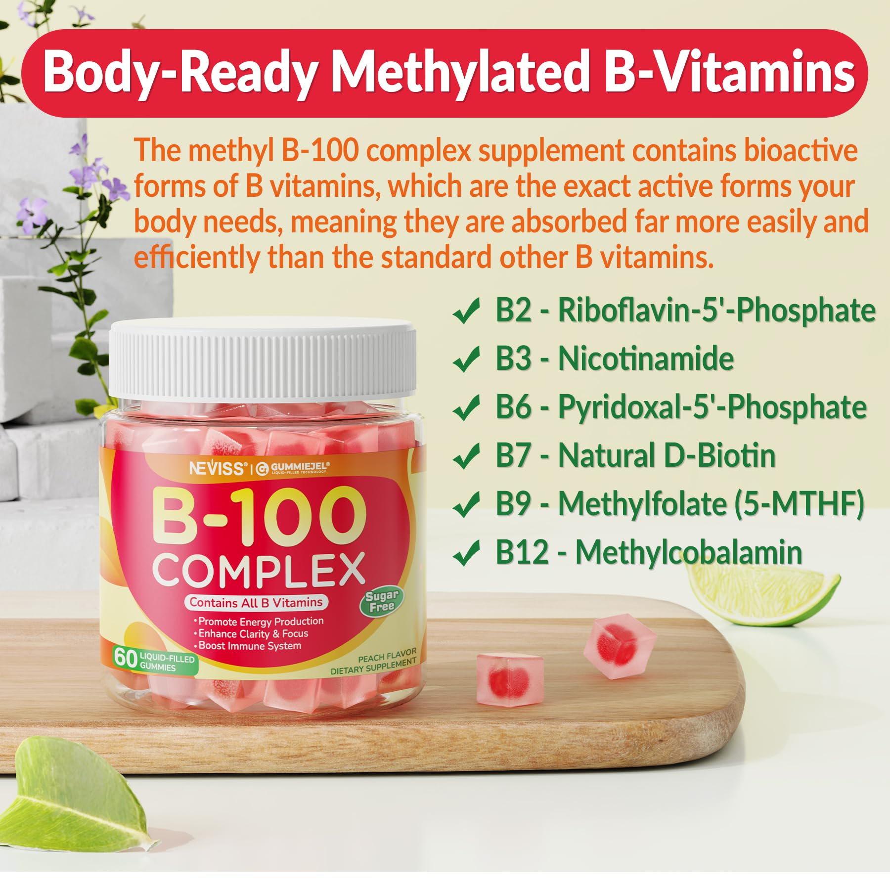 NEVISS B100 Complex Gummies in a bowl