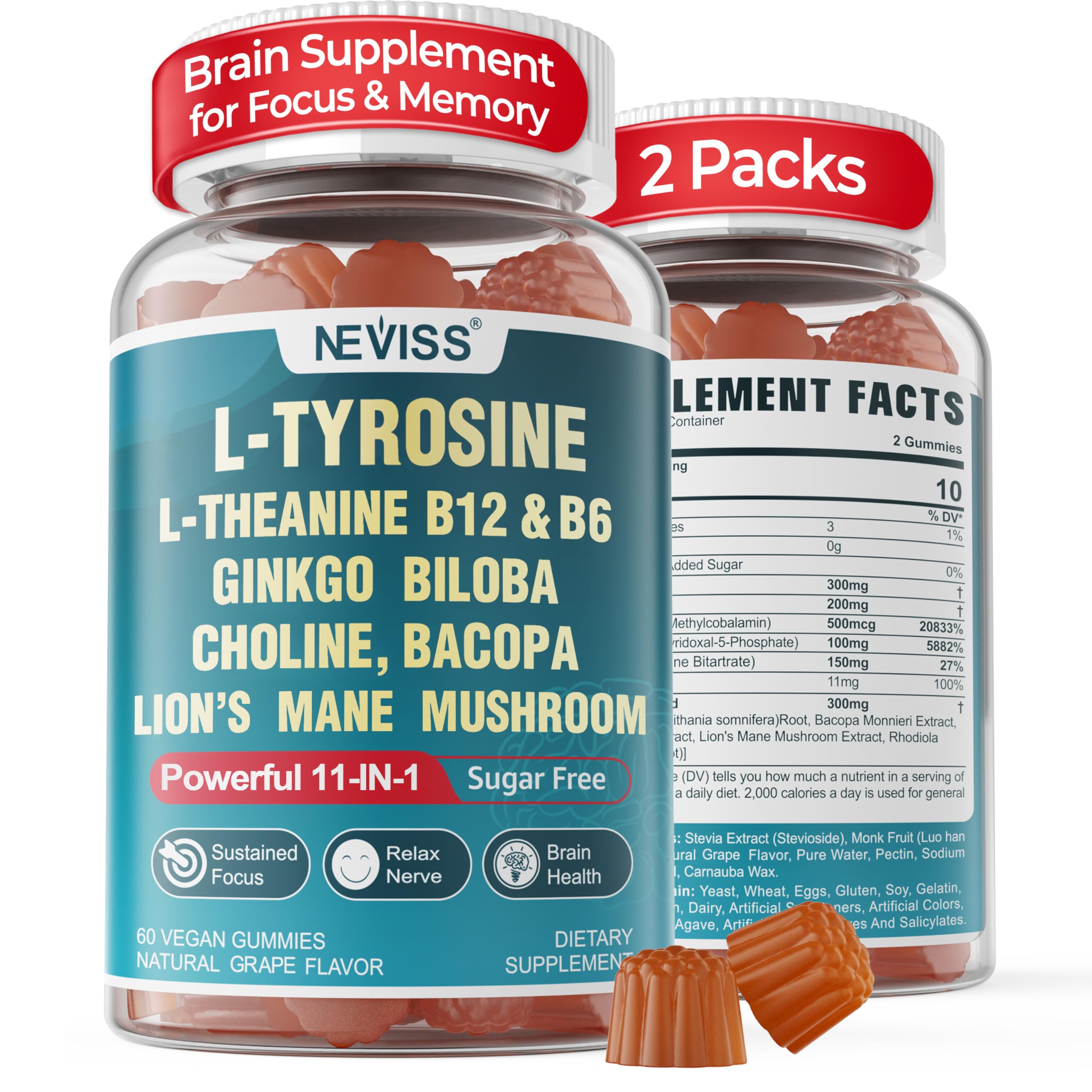 NEVISS Brain Focus Gummies front view, 60 gummies