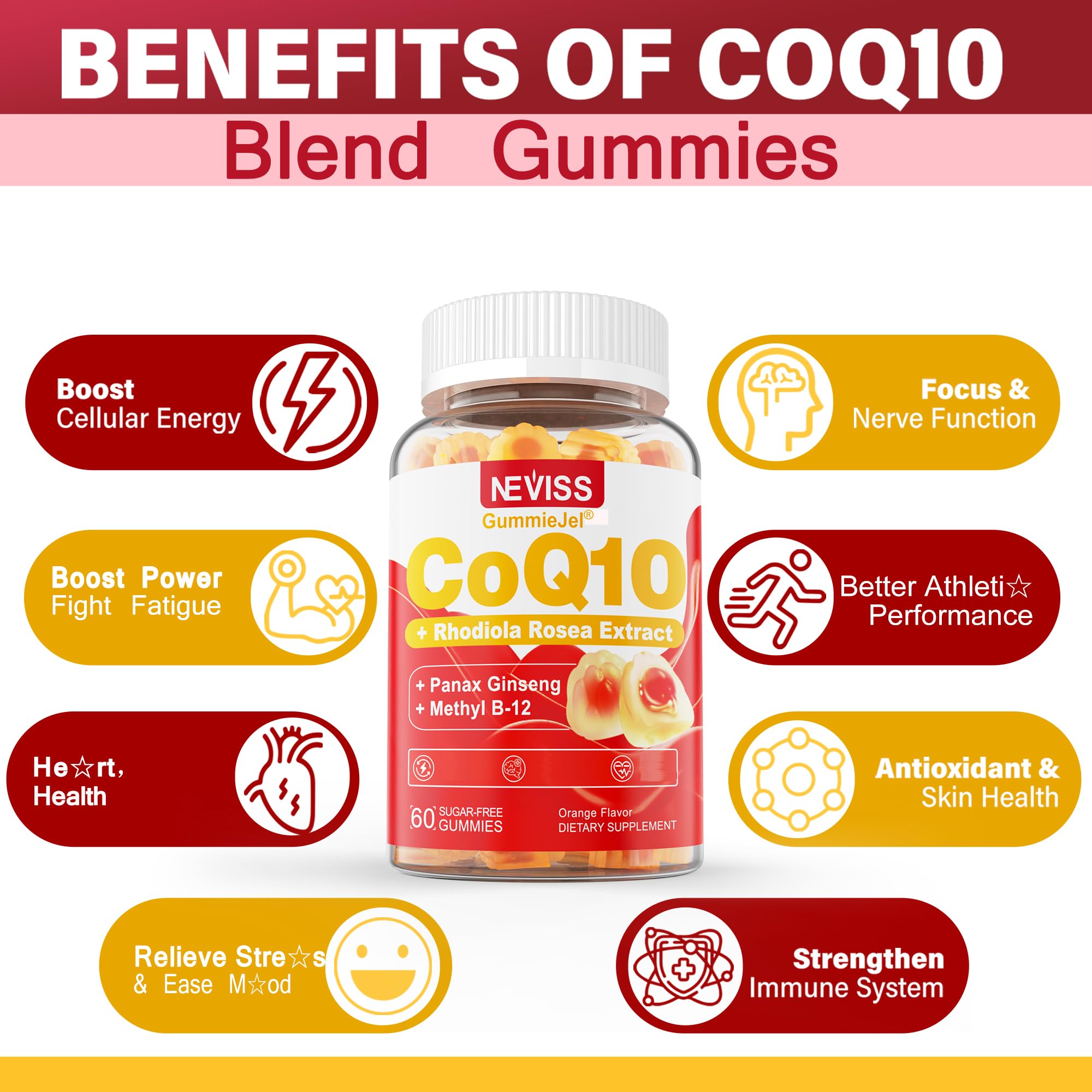 NEVISS CoQ10 Gummies 200mg bottle on a wooden table